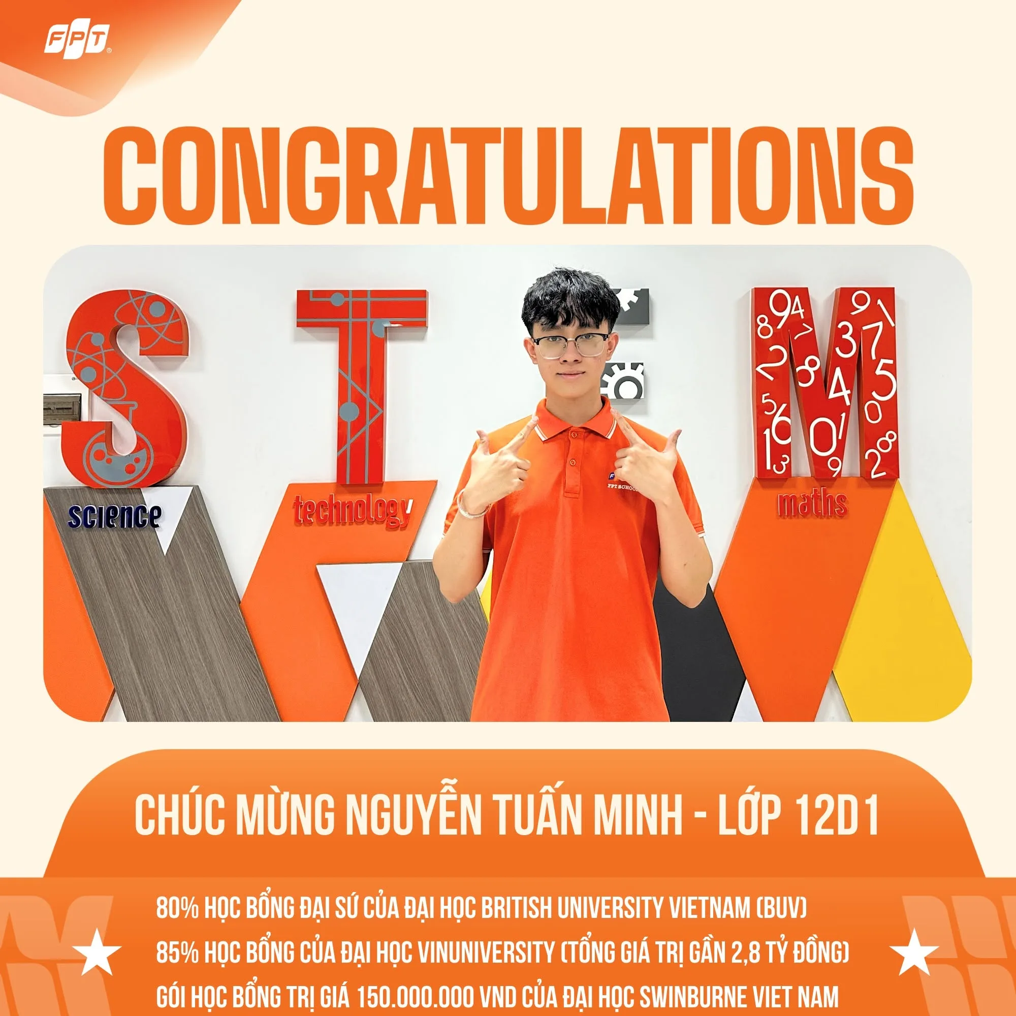 Chúc mừng em Nguyễn Tuấn Minh (12D1) chinh phục thành công học bổng 03 trường Đại học | FPT Schools