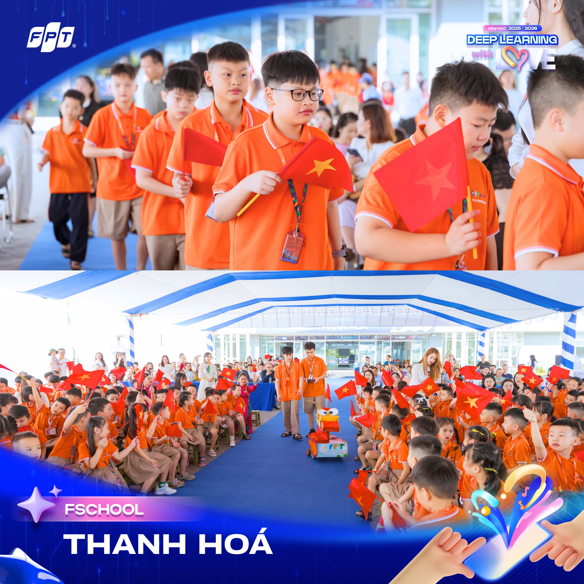 Lễ Khai giảng của học sinh FSchool Thanh Hoá với chủ đề "Deep Learning with Love – Học sâu sắc để yêu thương" có sự góp mặt của nhân vật robot đặc biệt và được các bạn nhỏ háo hức chào đón