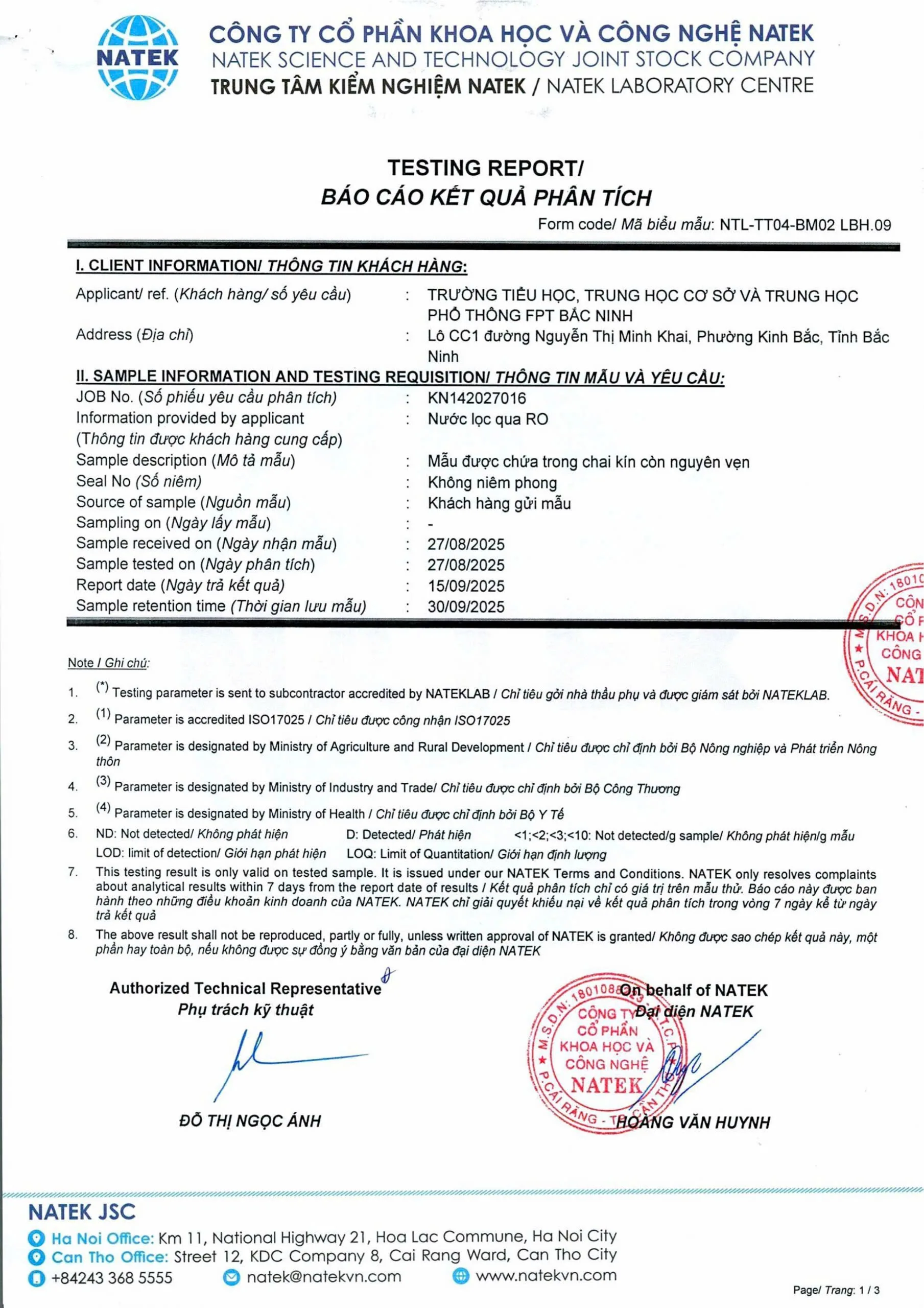 Kết Quả Kiểm Nghiệm Nước Tại FPT School Bắc Ninh: An Toàn – Đạt Chuẩn – Đảm Bảo Sức Khỏe Học Đường | FPT Schools