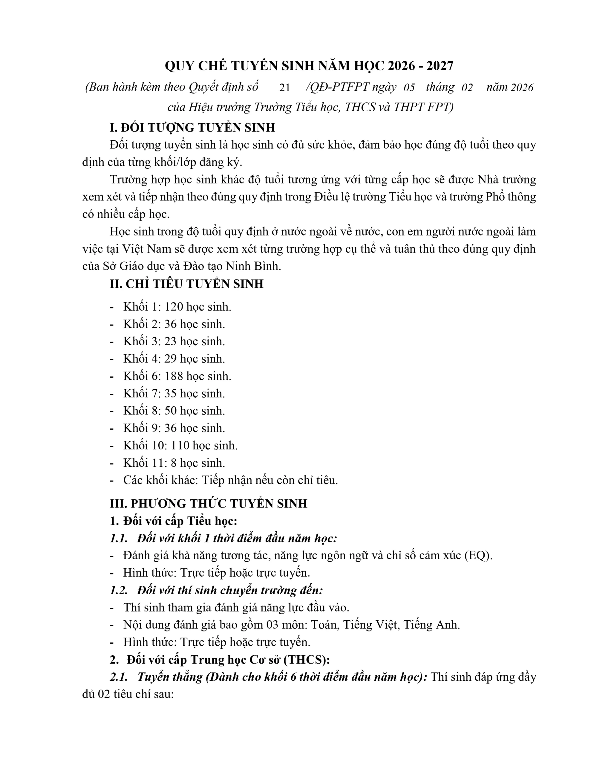 Quy chế tuyển sinh năm học 2026-2027 Trường Tiểu học, THCS và THPT FPT cơ sở Hà Nam | FPT Schools