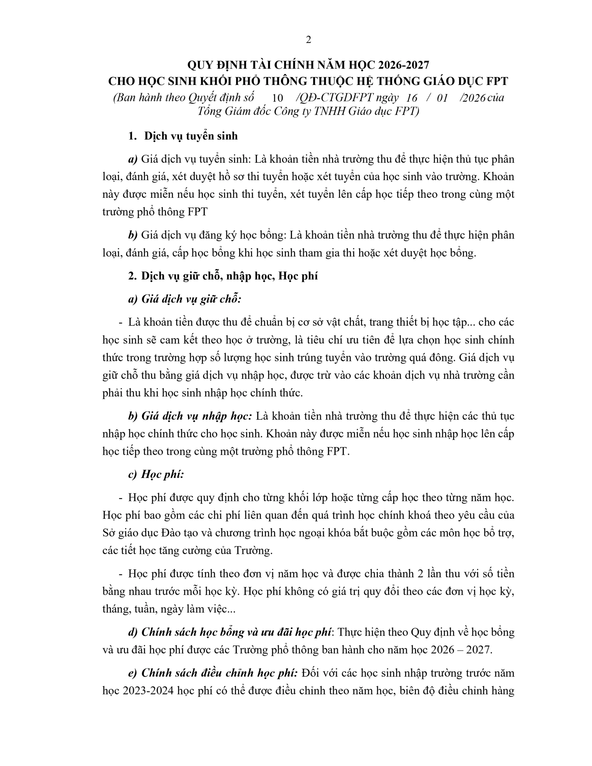 Quy định tài chính năm học 2026 – 2027 cho học sinh khối Phổ thông thuộc Hệ thống giáo dục FPT | FPT Schools