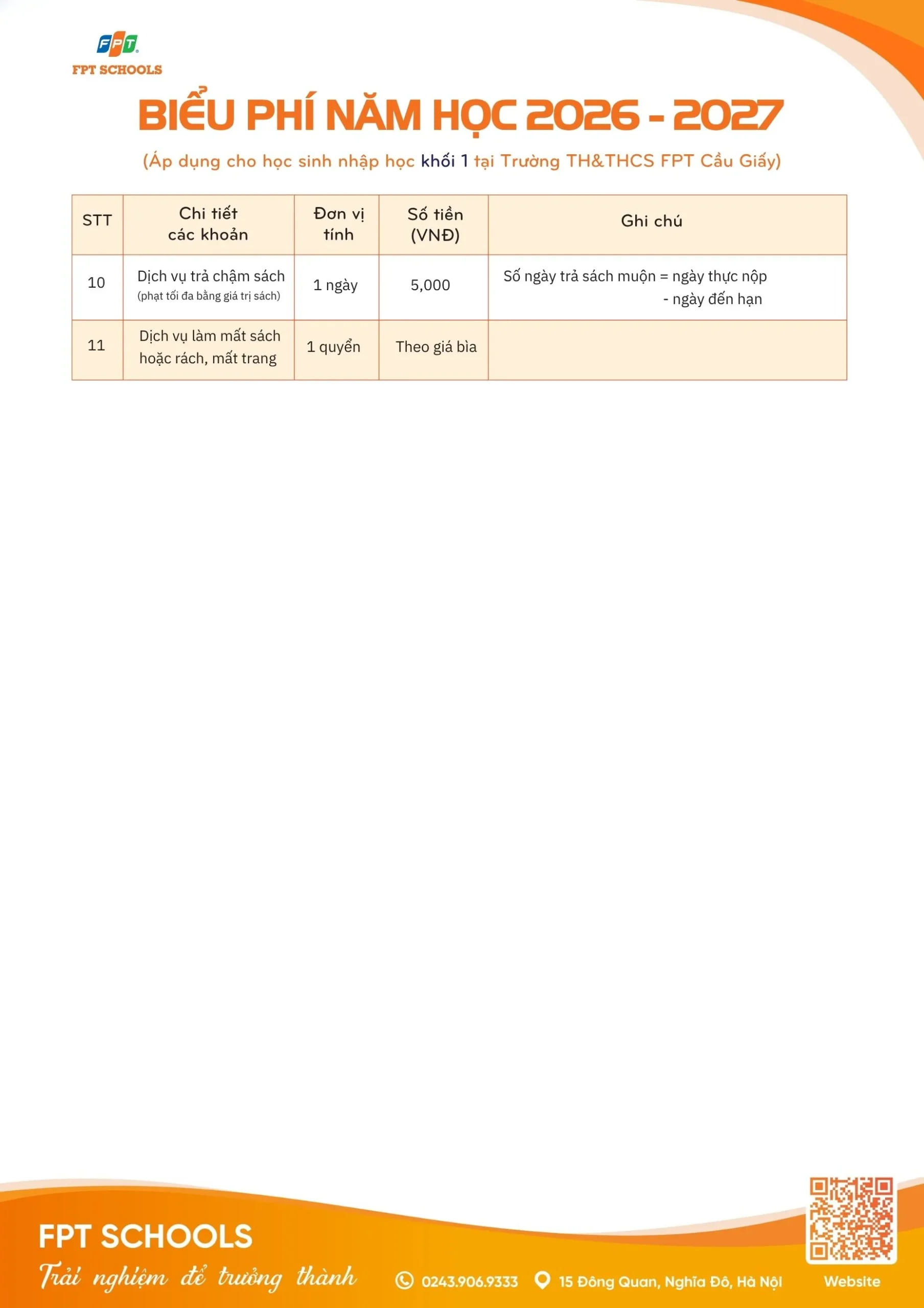 Biểu phí năm học 2026 - 2027 FPT School Cầu Giấy | FPT Schools