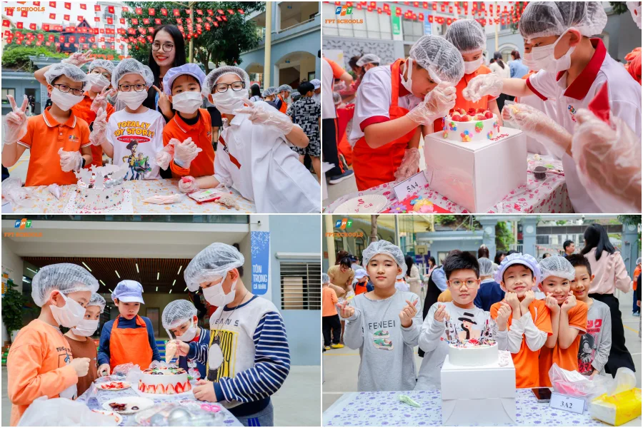 Các nhóm khối Tiểu học cẩn thận trang trí bánh