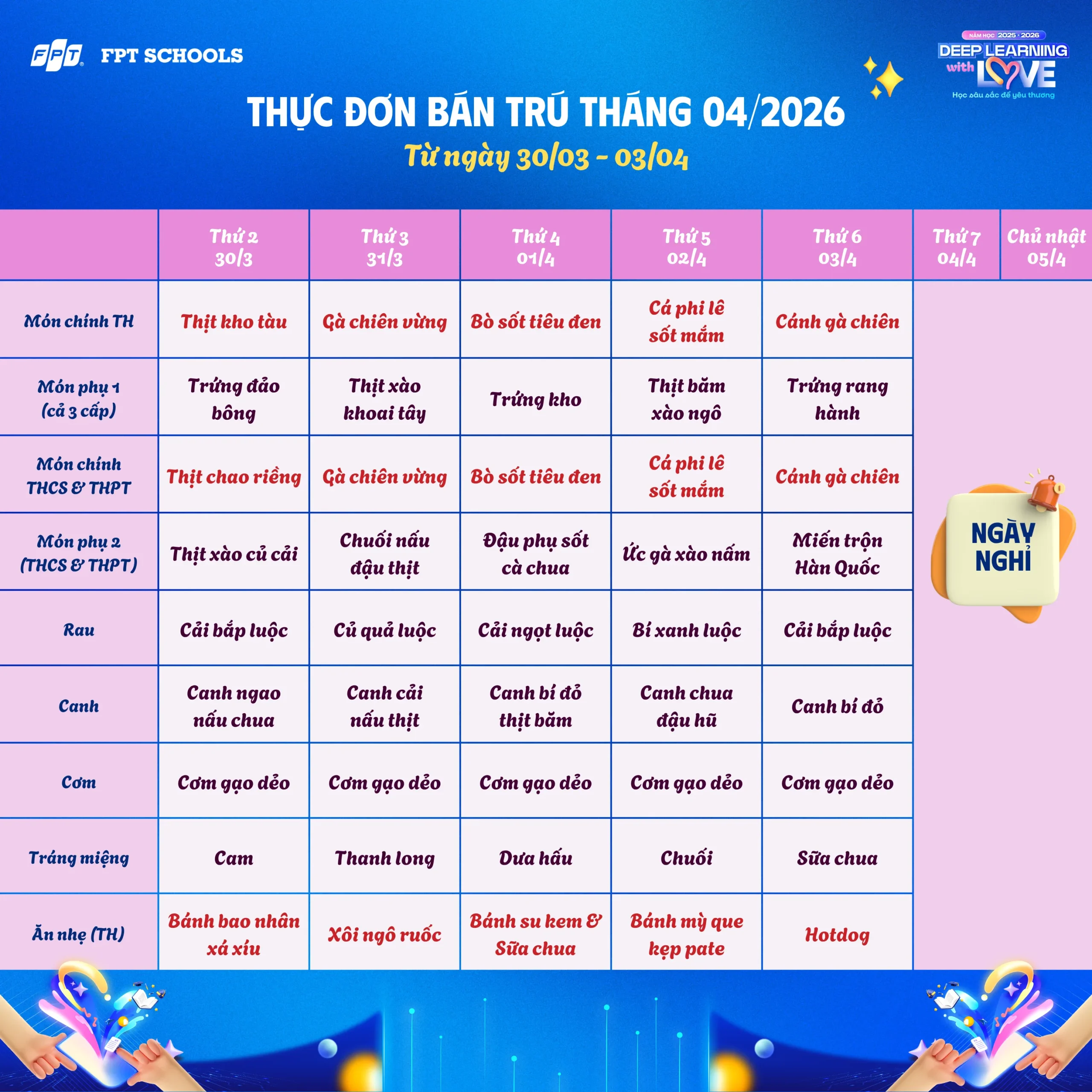 Thực đơn bán trú tháng 04/2026 tại FPT School Hà Nam | FPT Schools