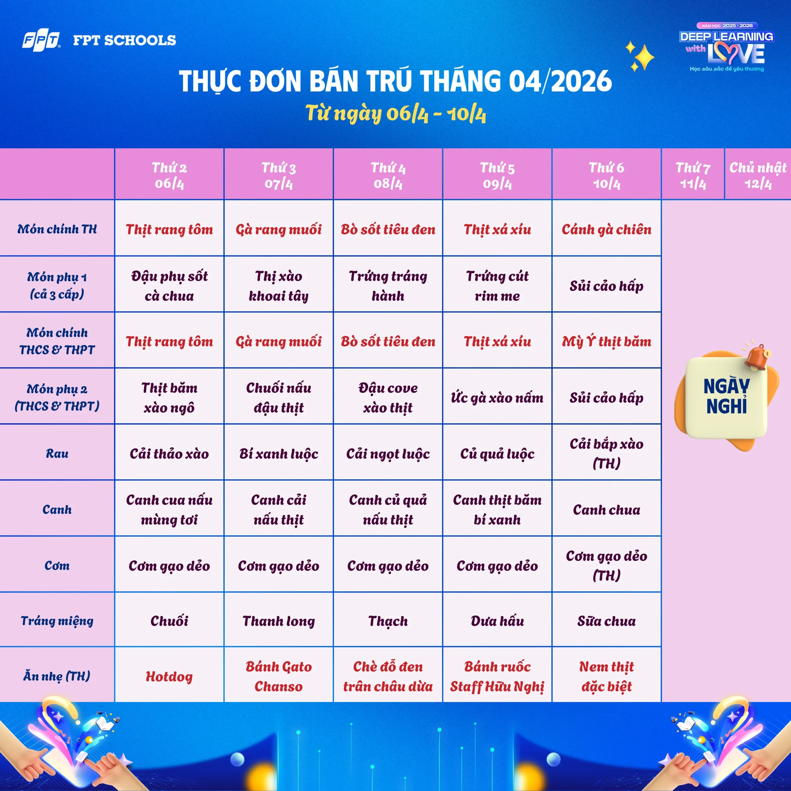 Thực đơn bán trú tháng 04/2026 tại FPT School Hà Nam | FPT Schools
