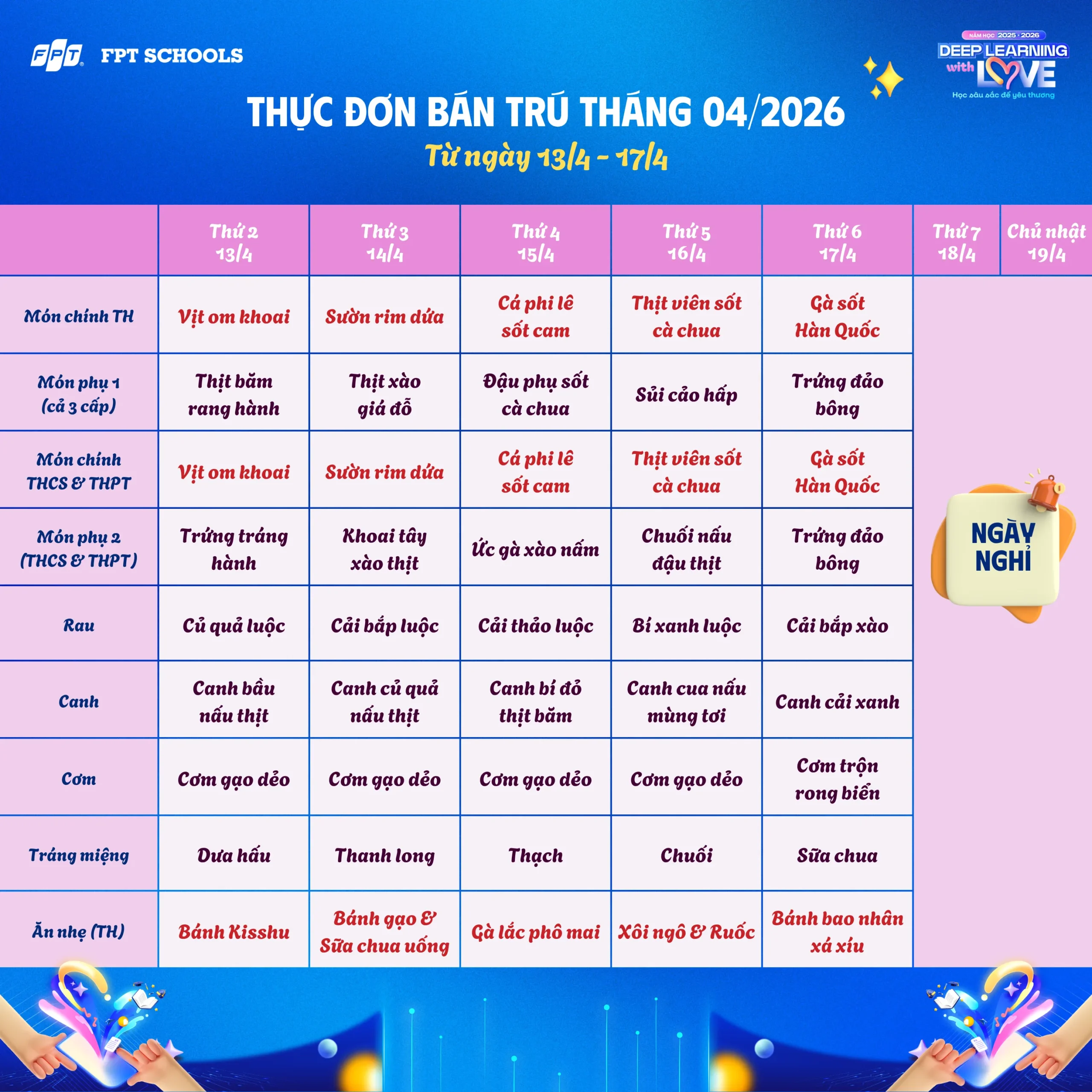 Thực đơn bán trú tháng 04/2026 tại FPT School Hà Nam | FPT Schools