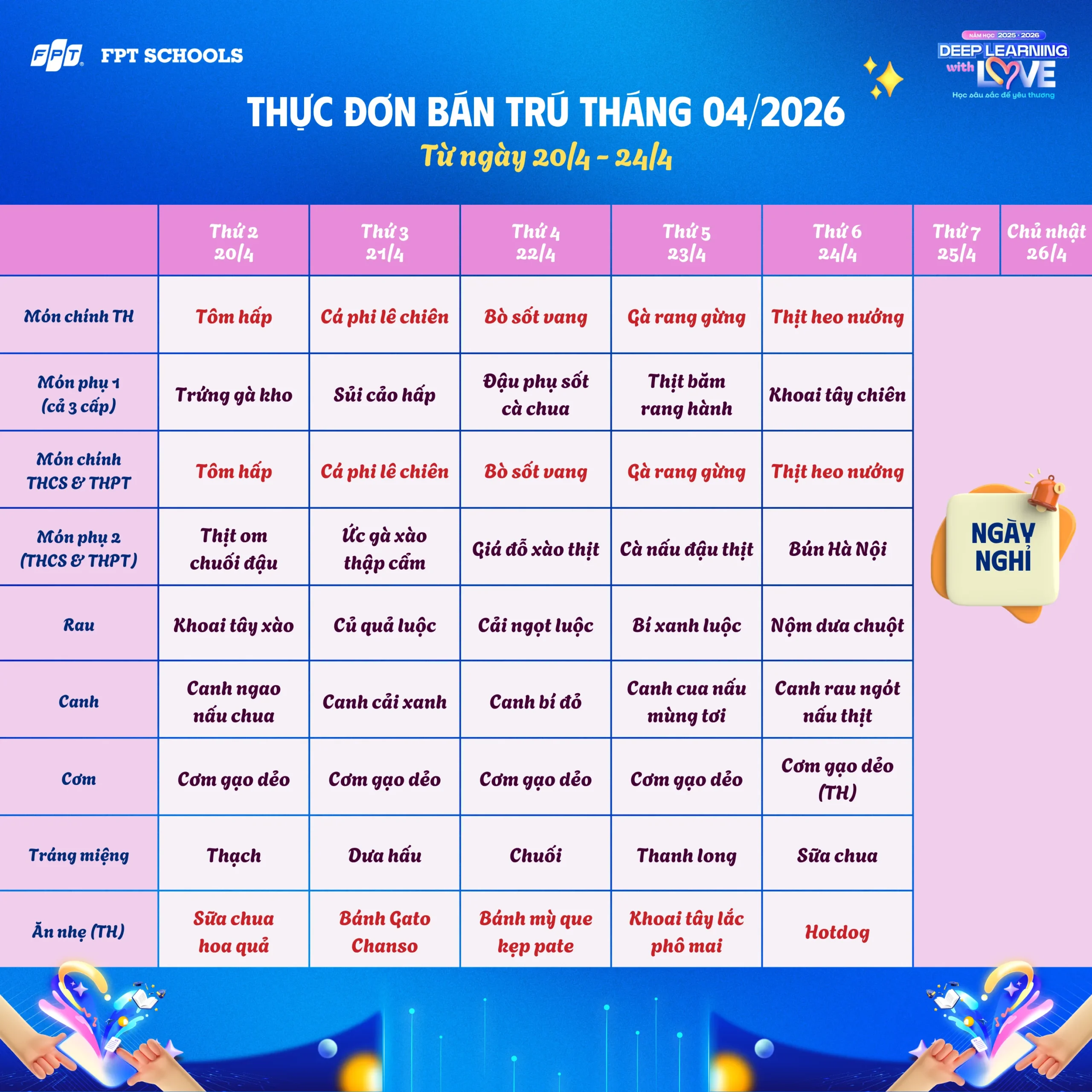 Thực đơn bán trú tháng 04/2026 tại FPT School Hà Nam | FPT Schools