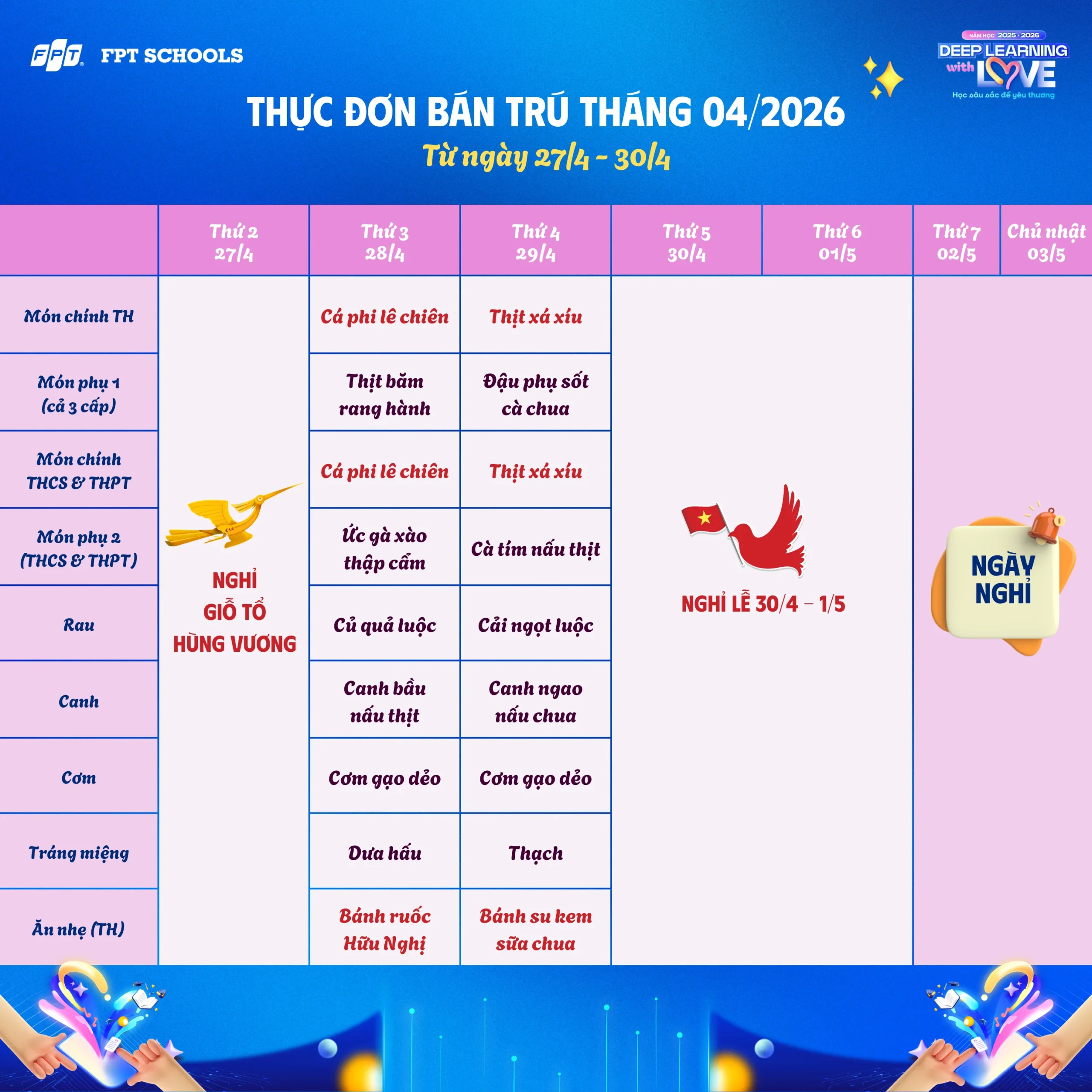 Thực đơn bán trú tháng 04/2026 tại FPT School Hà Nam | FPT Schools