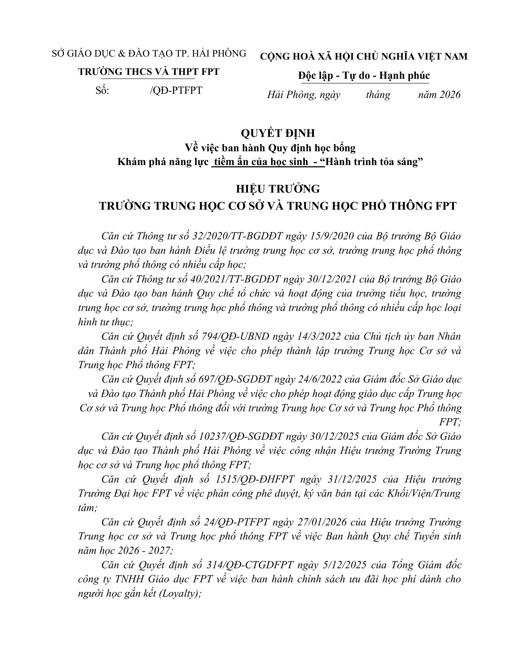 FPT School Hải Phòng công bố Quyết định về việc ban hành Quy định học bổng FSchool – Hành trình tỏa sáng | FPT Schools