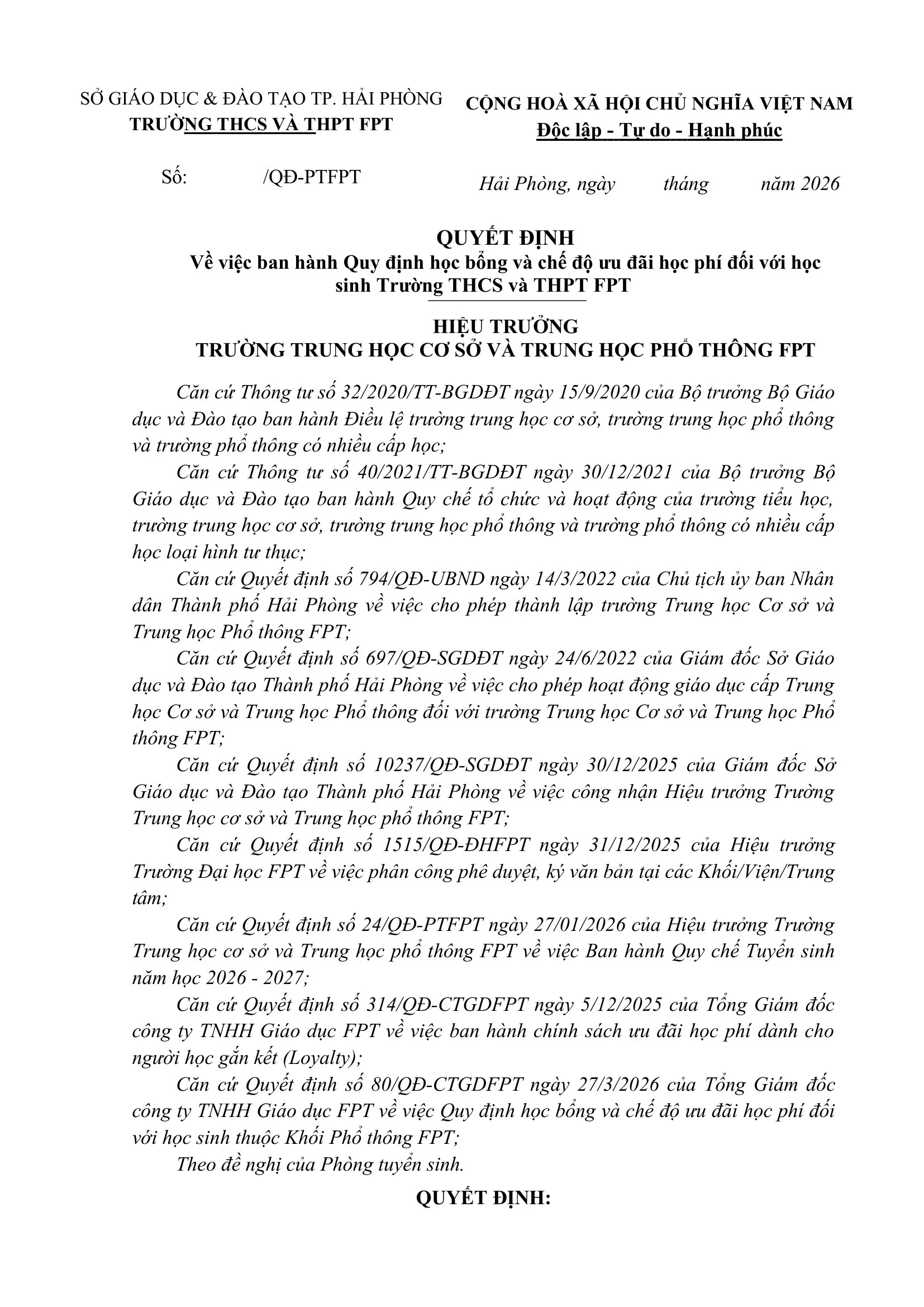 FPT School Hải Phòng công bố Quyết định Về việc ban hành Quy định học bổng và Chế độ ưu đãi học phí | FPT Schools