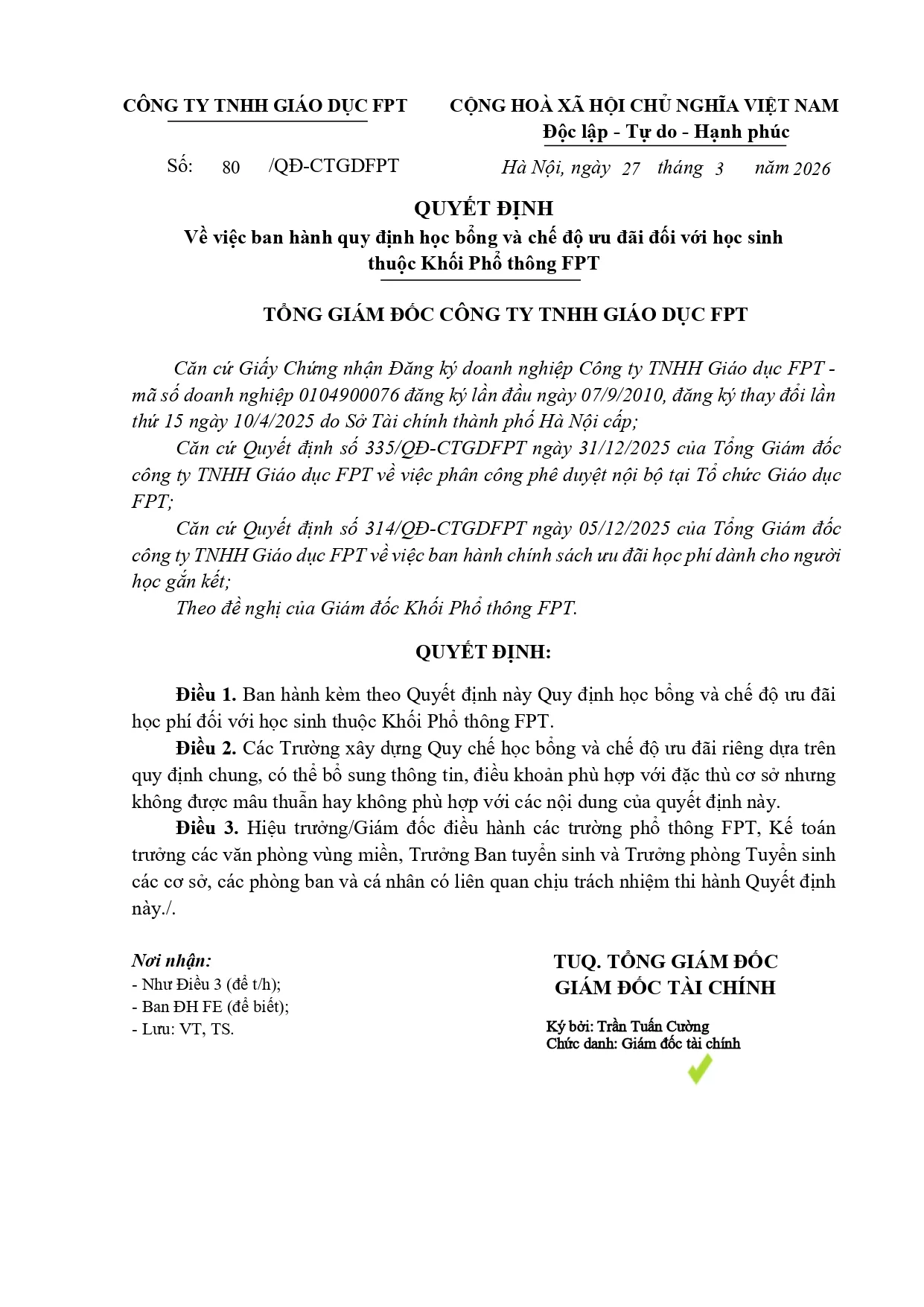 quy định học bổng và chế độ ưu đãi đối với học sinh thuộc Khối Phổ thông FPT năm học 2026-2027 | FPT Schools