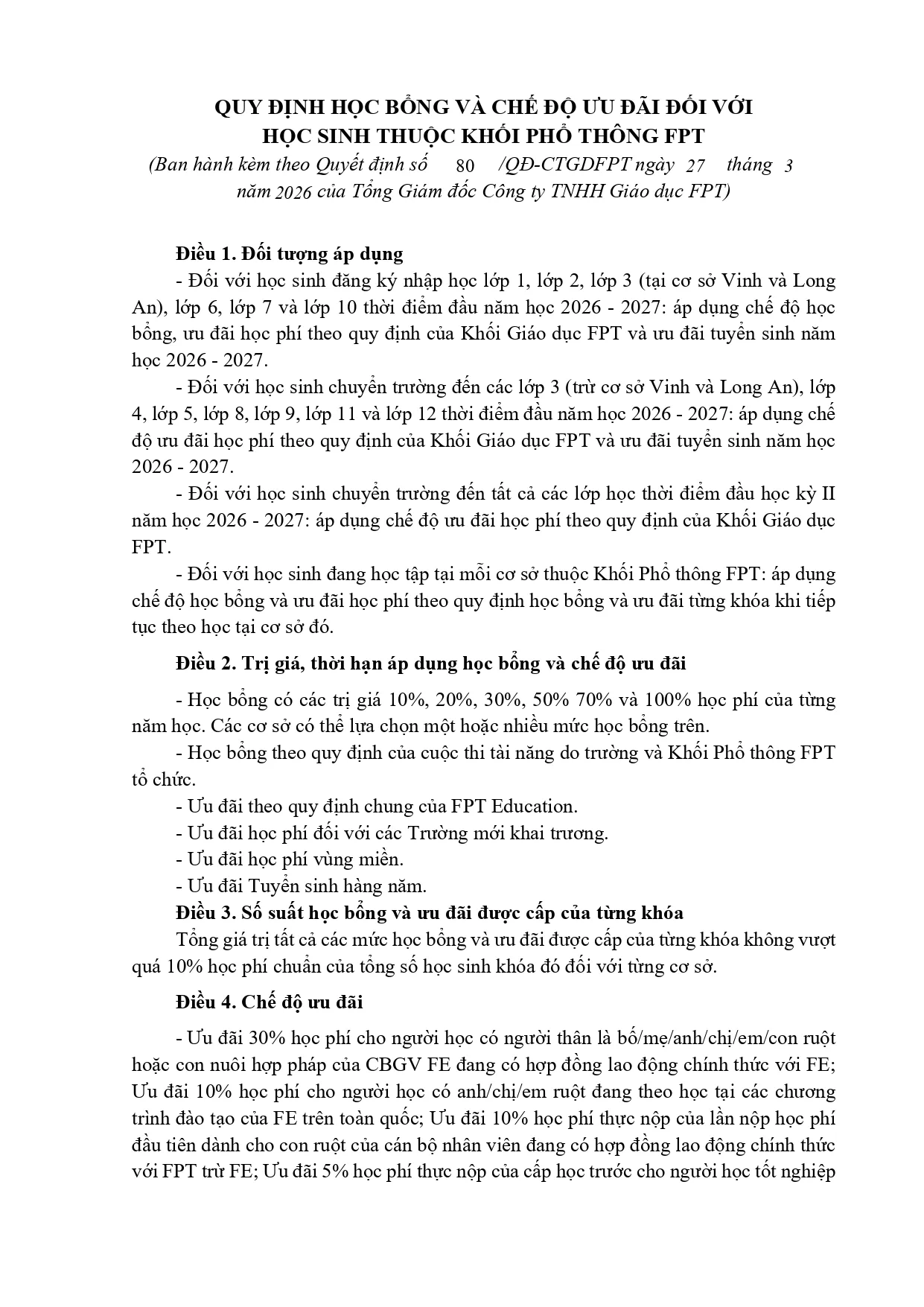 quy định học bổng và chế độ ưu đãi đối với học sinh thuộc Khối Phổ thông FPT năm học 2026-2027 | FPT Schools