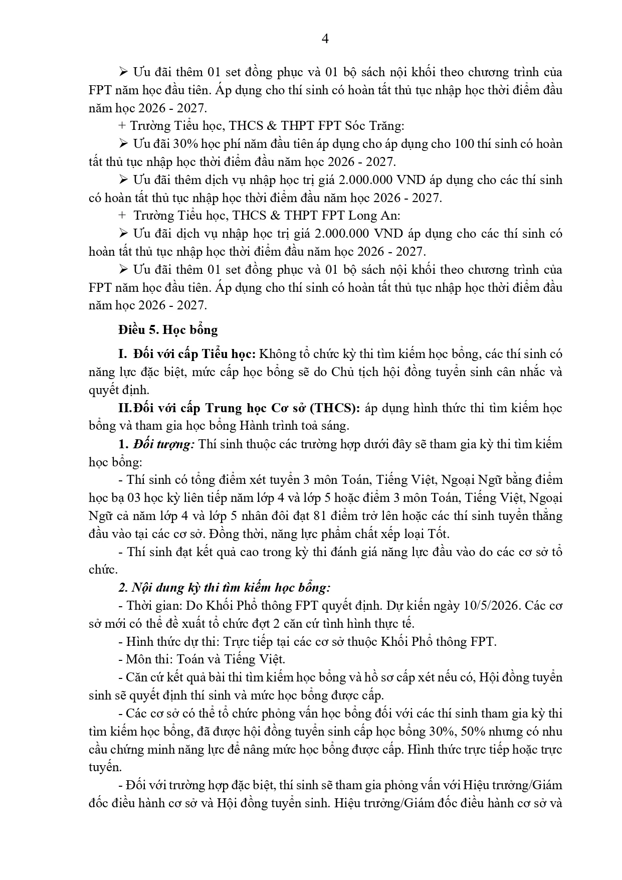 quy định học bổng và chế độ ưu đãi đối với học sinh thuộc Khối Phổ thông FPT năm học 2026-2027 | FPT Schools