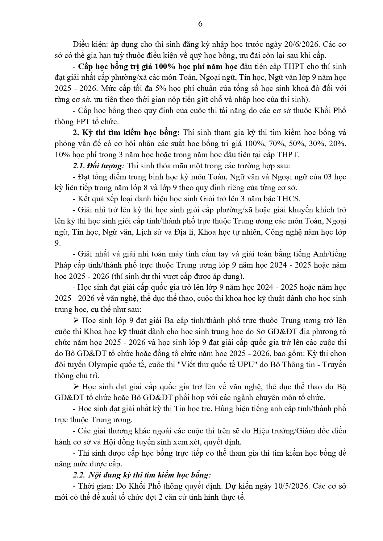 quy định học bổng và chế độ ưu đãi đối với học sinh thuộc Khối Phổ thông FPT năm học 2026-2027 | FPT Schools