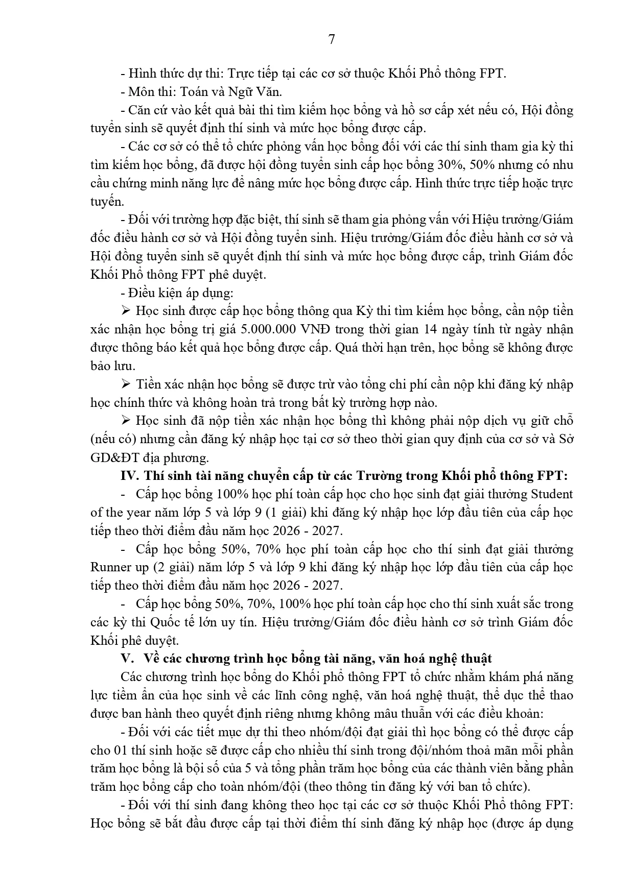 quy định học bổng và chế độ ưu đãi đối với học sinh thuộc Khối Phổ thông FPT năm học 2026-2027 | FPT Schools