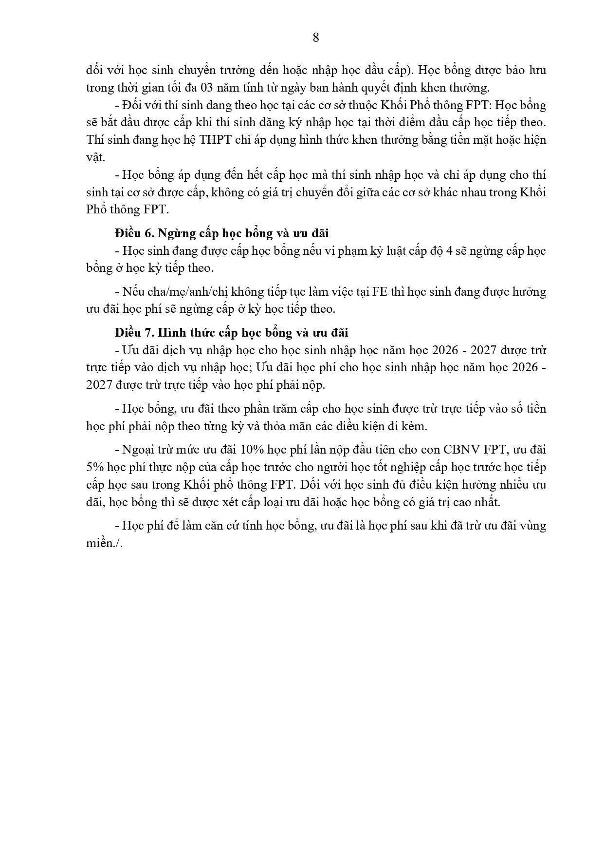 quy định học bổng và chế độ ưu đãi đối với học sinh thuộc Khối Phổ thông FPT năm học 2026-2027 | FPT Schools