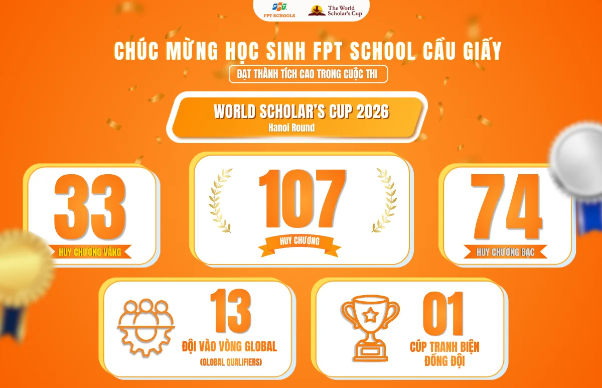 FPTers tự tin "bắn" tiếng Anh, xuất sắc mang về hơn 100 huy chương trong cuộc thi World Scholar’s Cup 2026 vòng Hà Nội  | FPT Schools