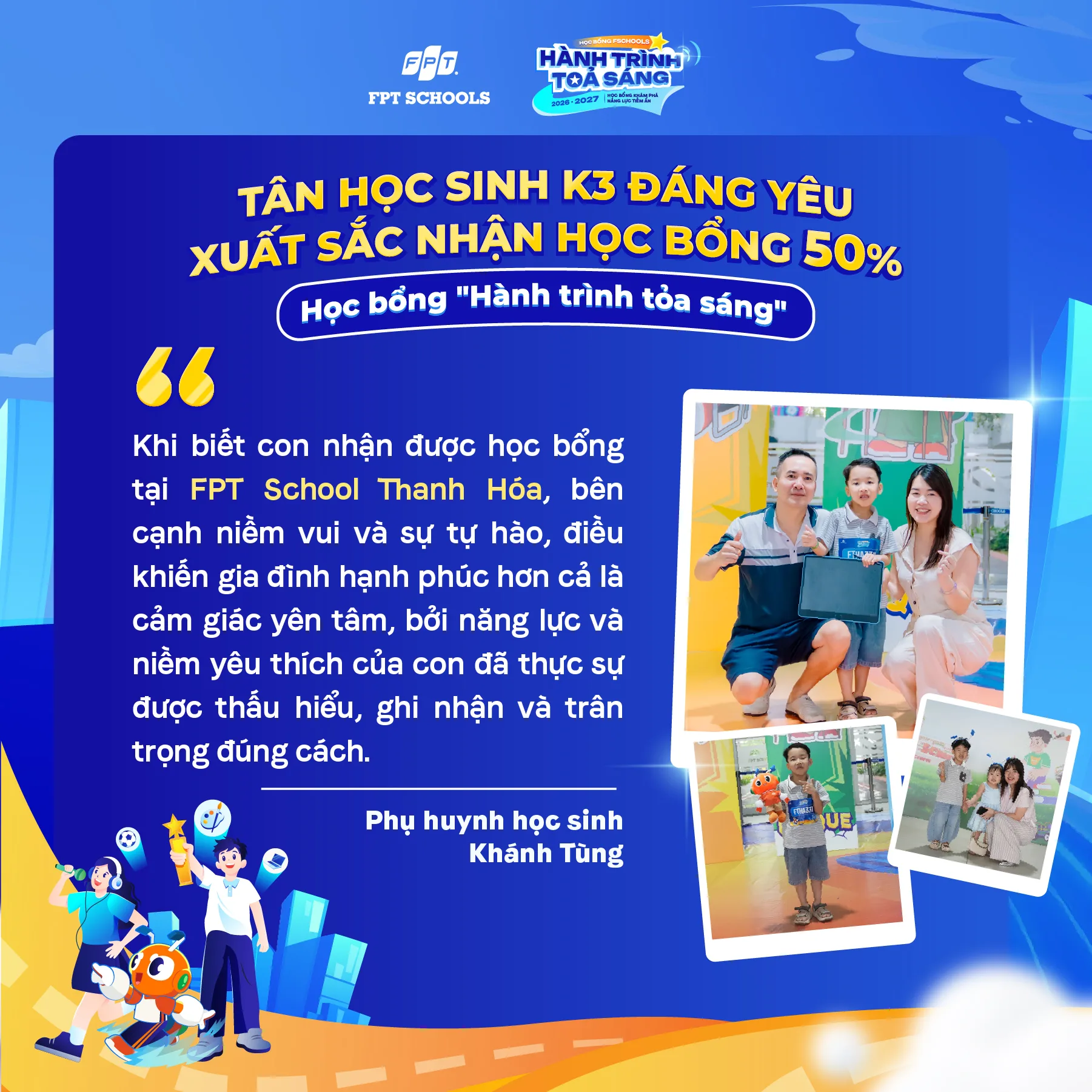 Phụ huynh học sinh Khánh Tùng chia sẻ cảm nhận về thành thích học bổng 50% từ FSchool Thanh Hóa