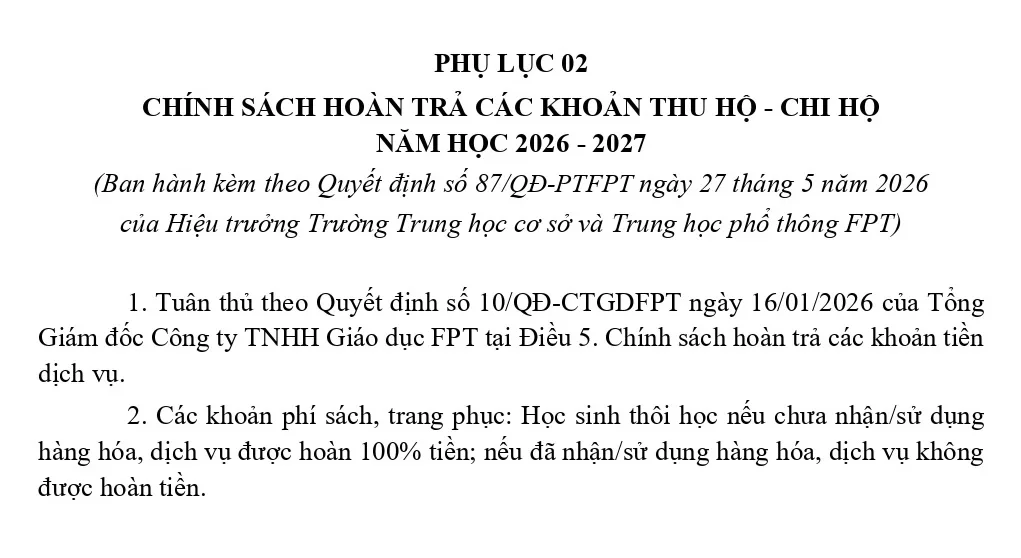 FPT School Hải Phòng ban hành các khoản tiền dịch vụ thu hộ - chi hộ năm học 2026 - 2027 | FPT Schools