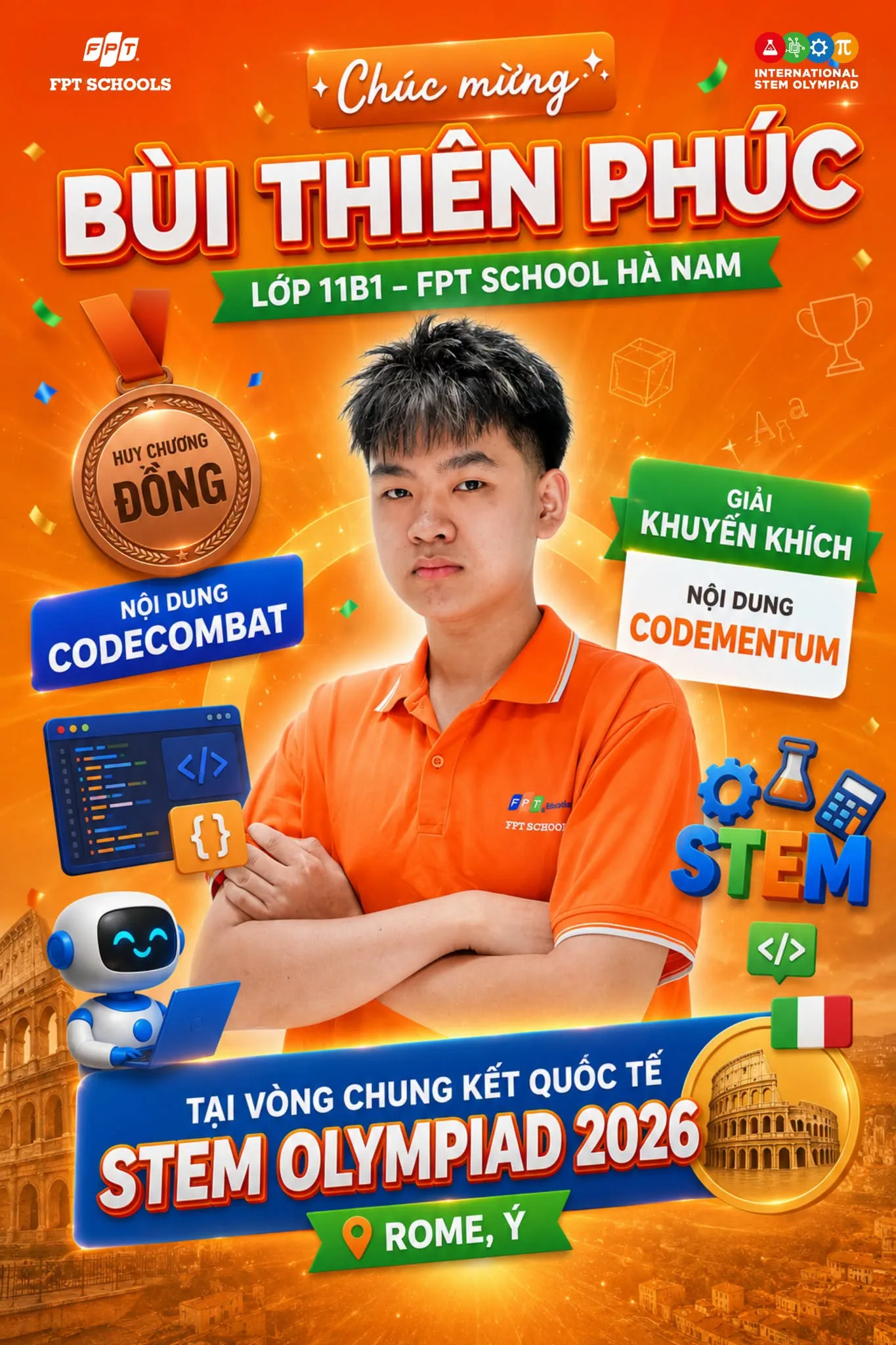 STEM Olympiad 2026: Học sinh FPT School Hà Nam giành 2 Huy chương Vàng, Top 2 thế giới tại vòng chung kết quốc tế trực tiếp tại Rome, Italia - FPT Education STEM Olympiad 2026: Học sinh FPT School Hà Nam giành 2 Huy chương Vàng, Top 2 thế giới tại vòng chung kết quốc tế trực tiếp tại Rome, Italia | FPT Schools