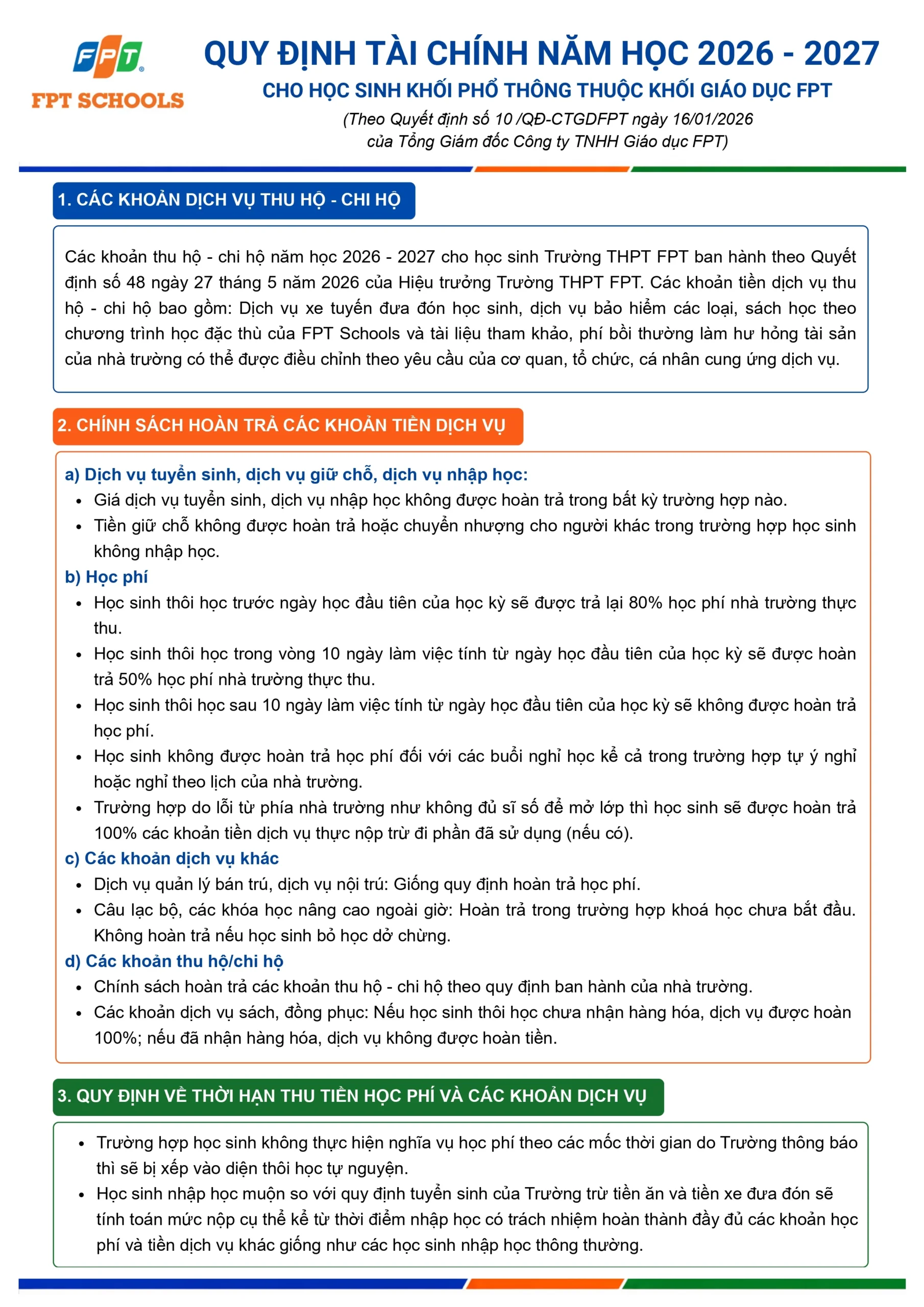 Quy định tài chính năm học 2026 - 2027 | FPT Schools
