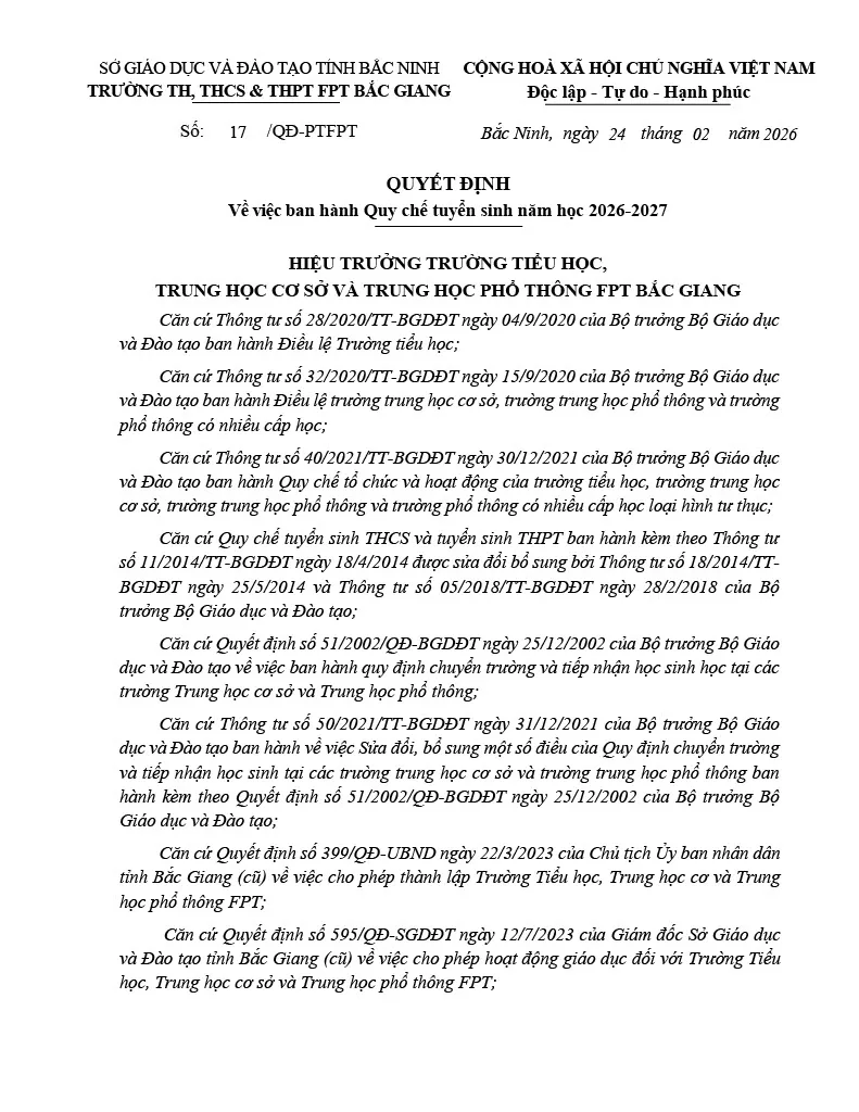 QUY CHẾ TUYỂN SINH NĂM HỌC 2026 - 2027, FPT SCHOOL BẮC GIANG. | FPT Schools