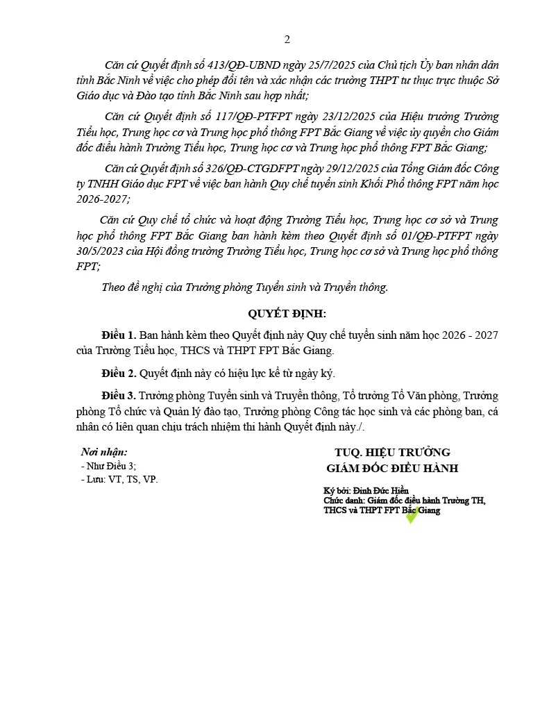 QUY CHẾ TUYỂN SINH NĂM HỌC 2026 - 2027, FPT SCHOOL BẮC GIANG. | FPT Schools