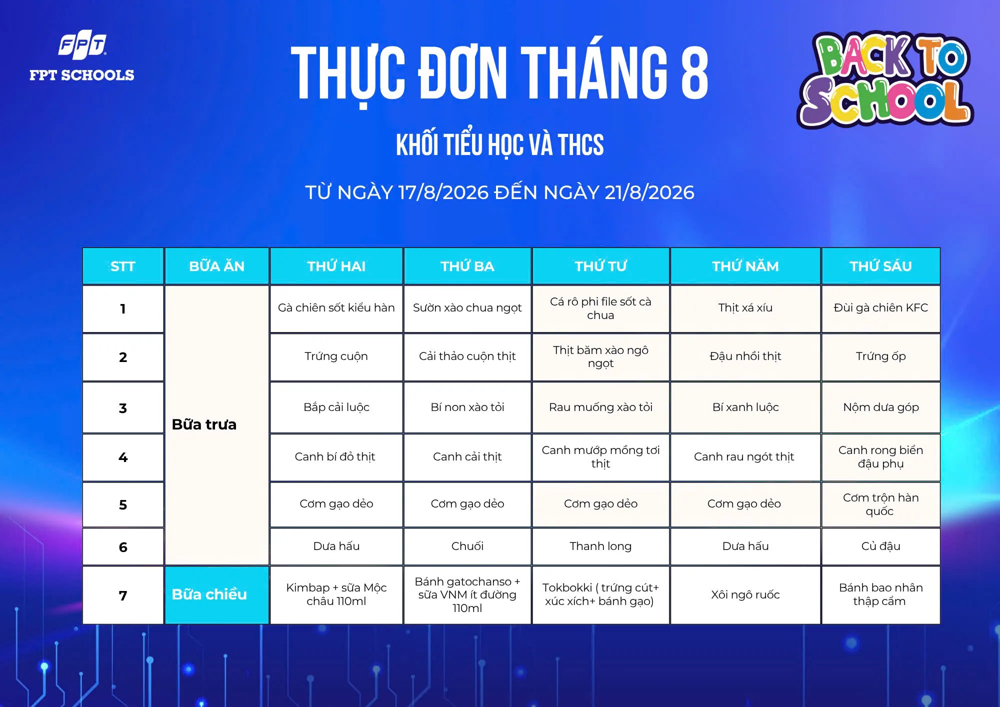 THỰC ĐƠN DINH DƯỠNG THÁNG 8 NĂM 2026 - FPT SCHOOL BẮC GIANG. | FPT Schools
