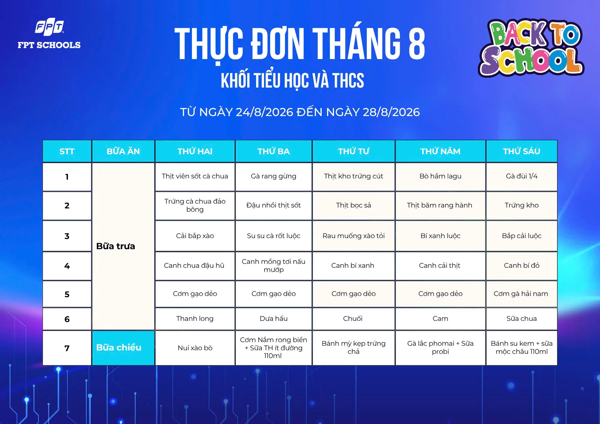 THỰC ĐƠN DINH DƯỠNG THÁNG 8 NĂM 2026 - FPT SCHOOL BẮC GIANG. | FPT Schools