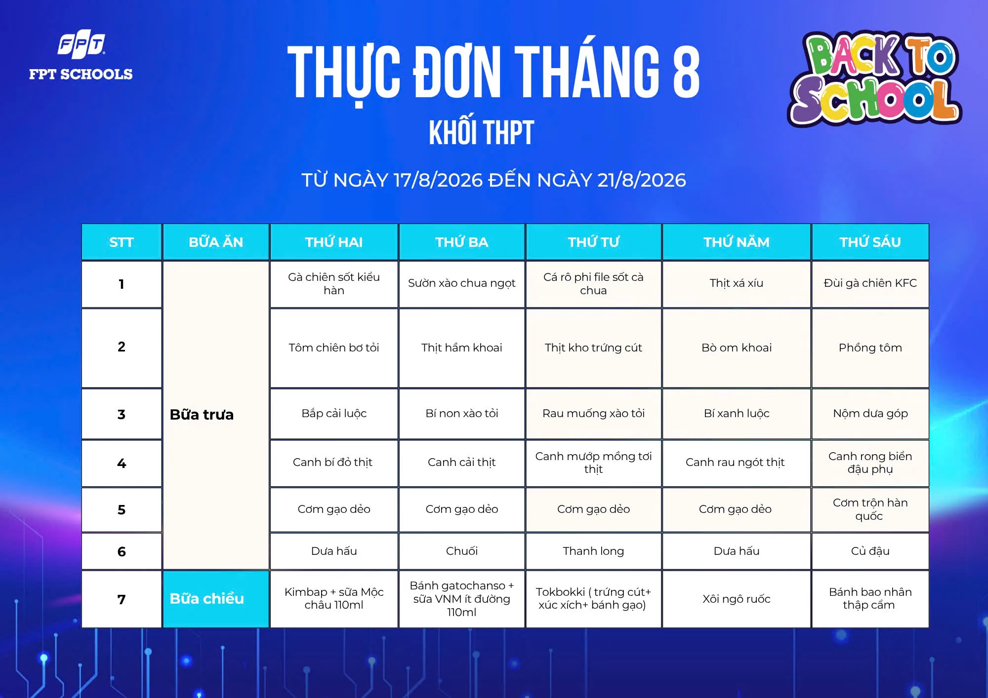 THỰC ĐƠN DINH DƯỠNG THÁNG 8 NĂM 2026 - FPT SCHOOL BẮC GIANG. | FPT Schools
