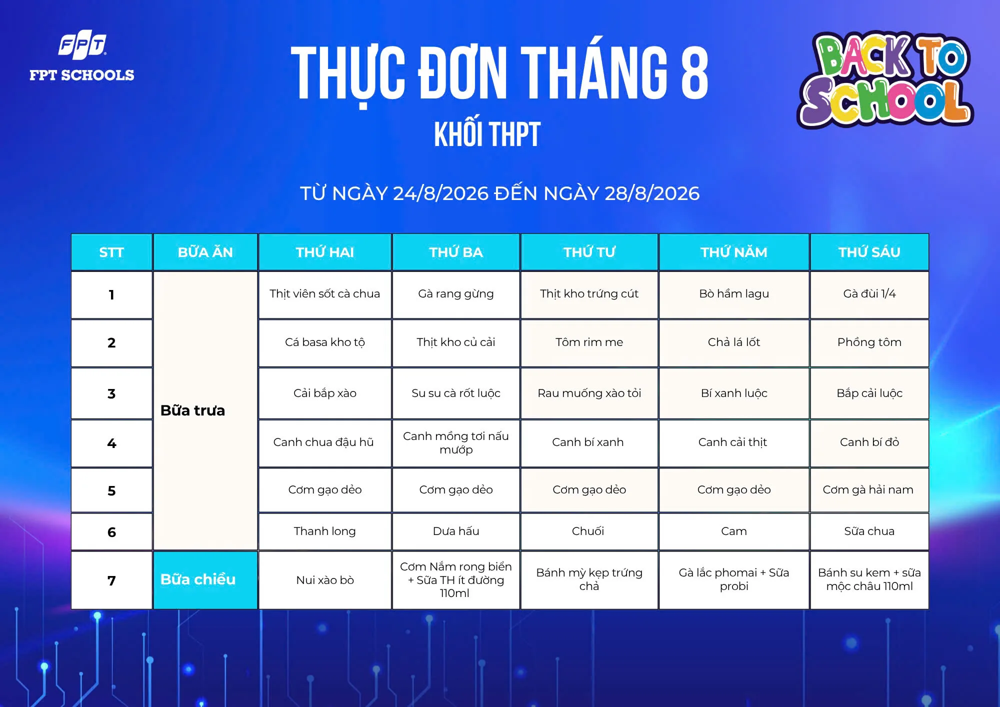THỰC ĐƠN DINH DƯỠNG THÁNG 8 NĂM 2026 - FPT SCHOOL BẮC GIANG. - FPT Education THỰC ĐƠN DINH DƯỠNG THÁNG 8 NĂM 2026 - FPT SCHOOL BẮC GIANG. | FPT Schools