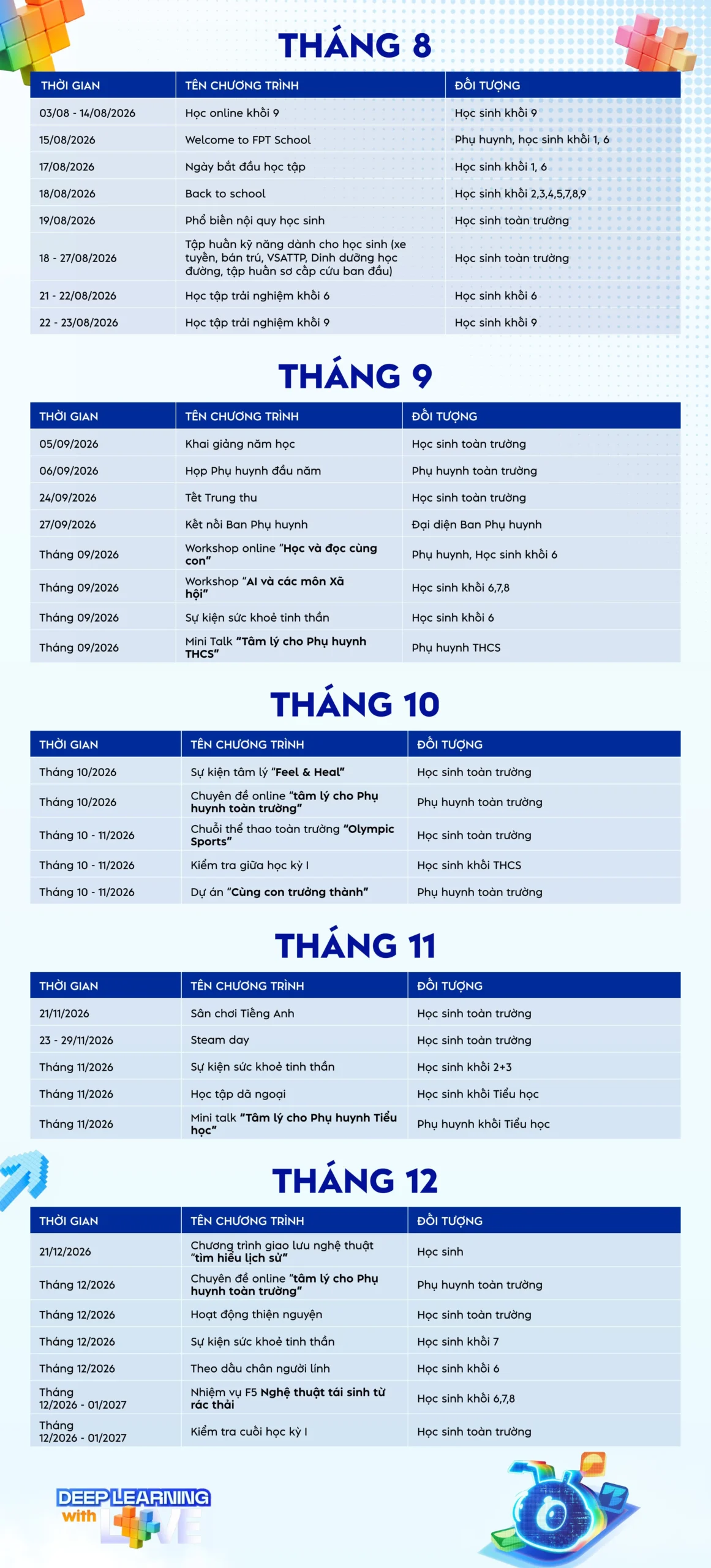 Lịch hoạt động năm học 2026-2027 | FPT Schools