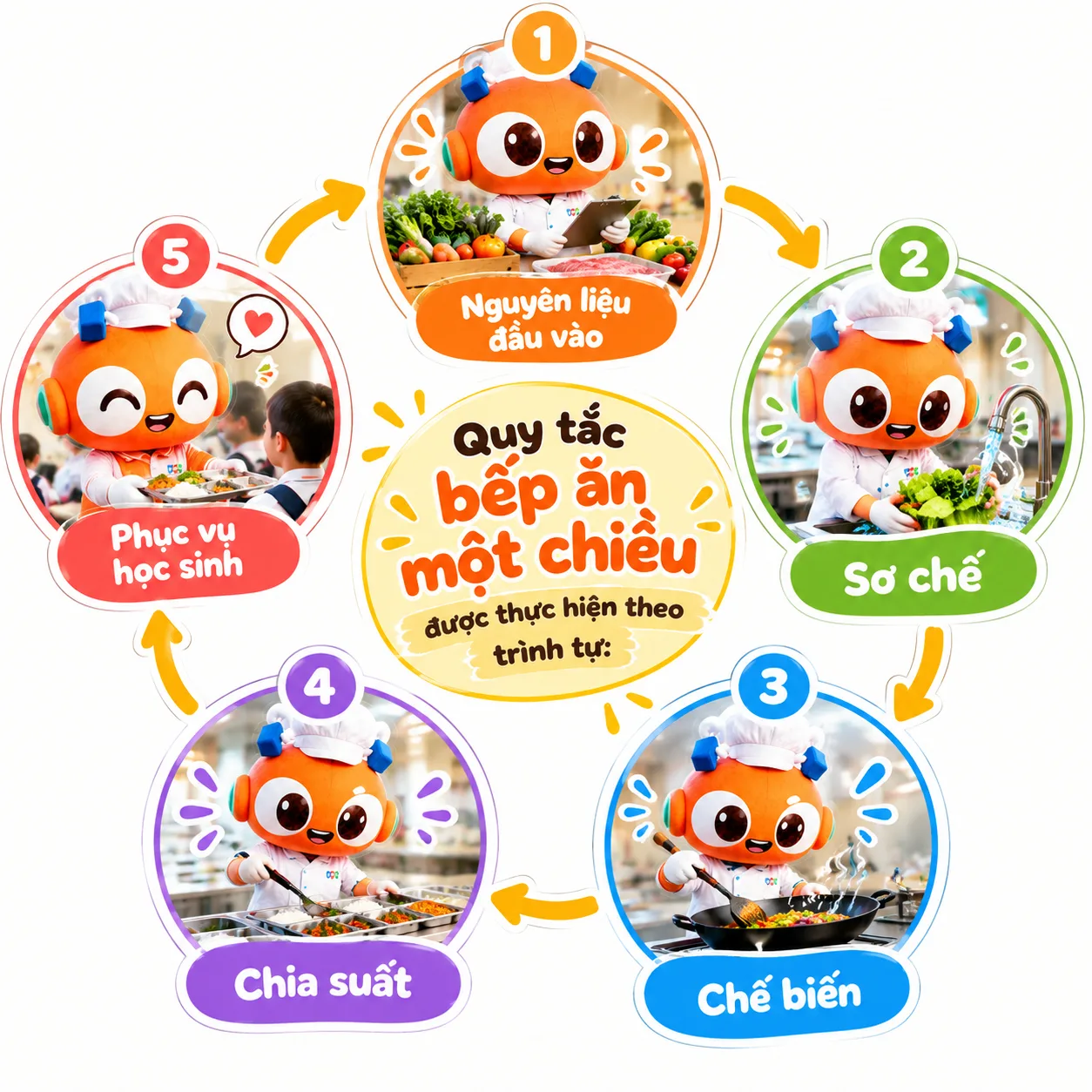 Các công đoạn được tổ chức theo trình tự từ nguyên liệu đầu vào, sơ chế, chế biến, chia suất đến phục vụ học sinh.