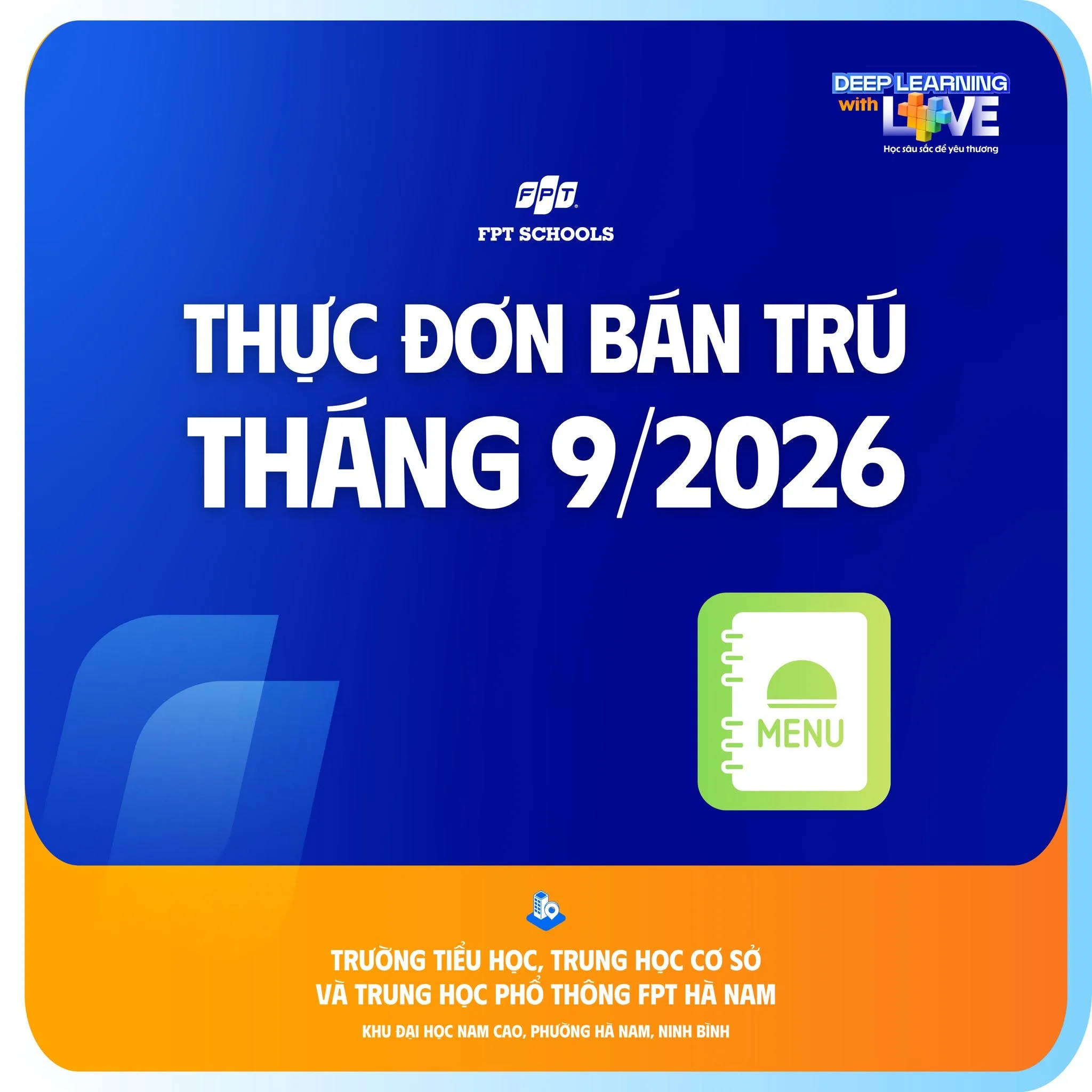 Thực đơn bán trú tháng 9/2026 tại FPT School Hà Nam
