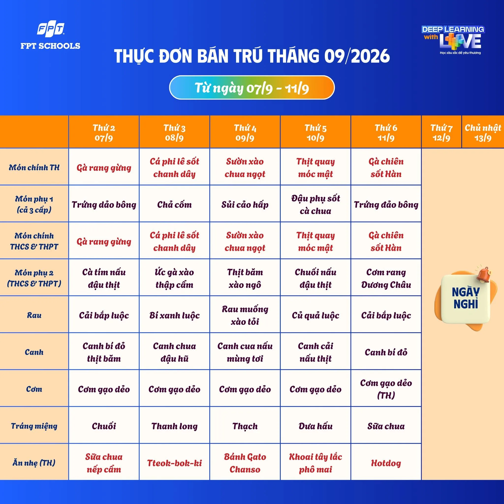 Thực đơn bán trú tháng 9/2026 tại FPT School Hà Nam | FPT Schools