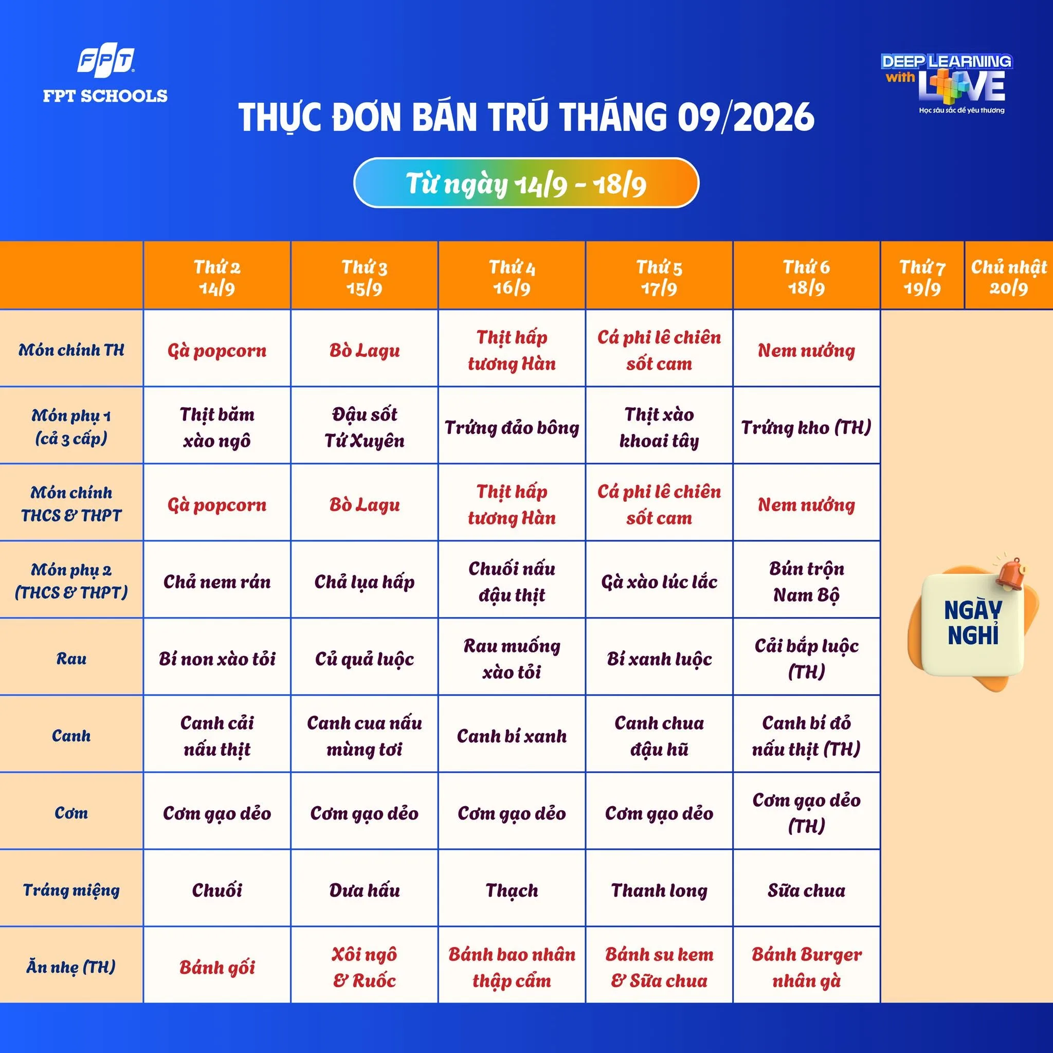 Thực đơn bán trú tháng 9/2026 tại FPT School Hà Nam | FPT Schools