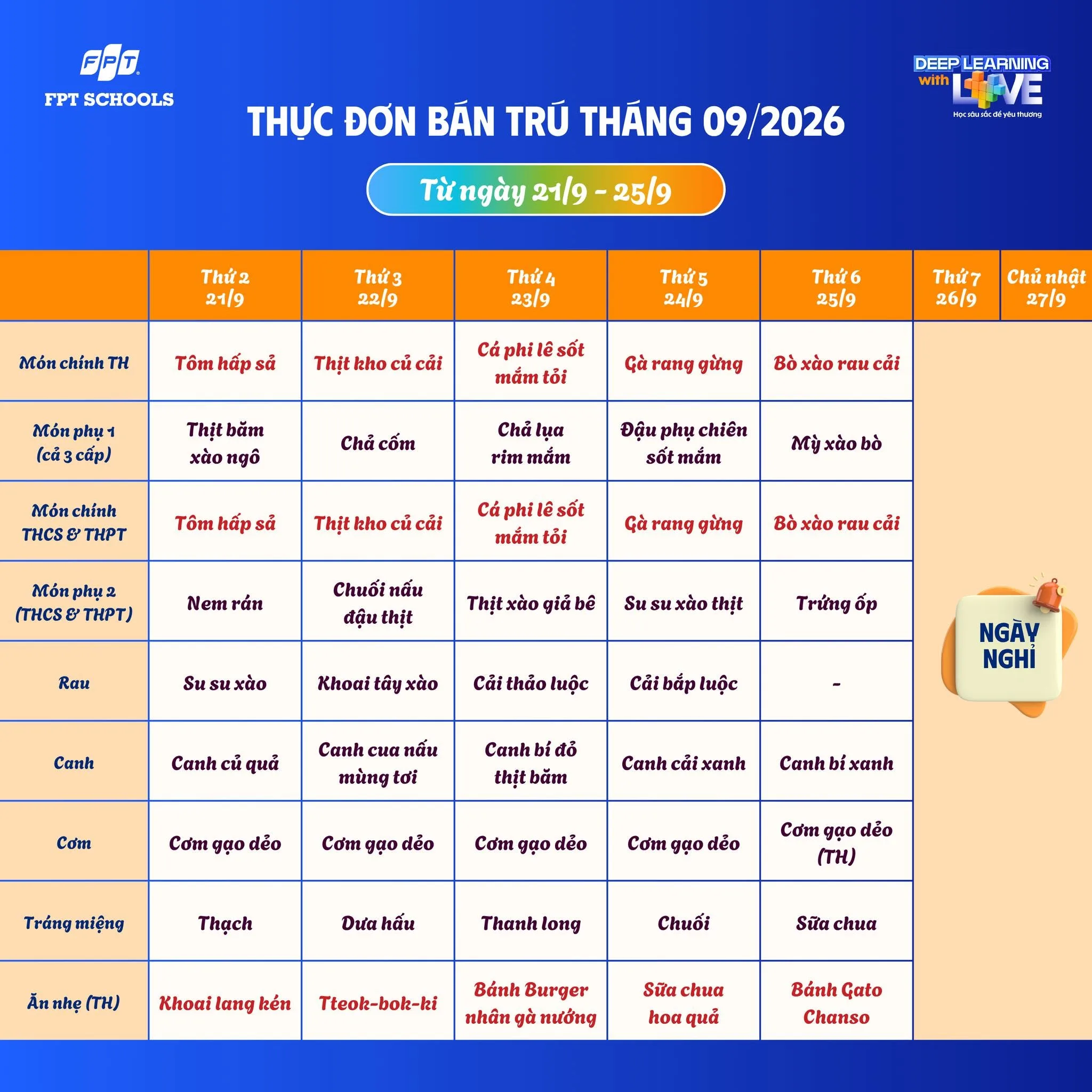 Thực đơn bán trú tháng 9/2026 tại FPT School Hà Nam | FPT Schools