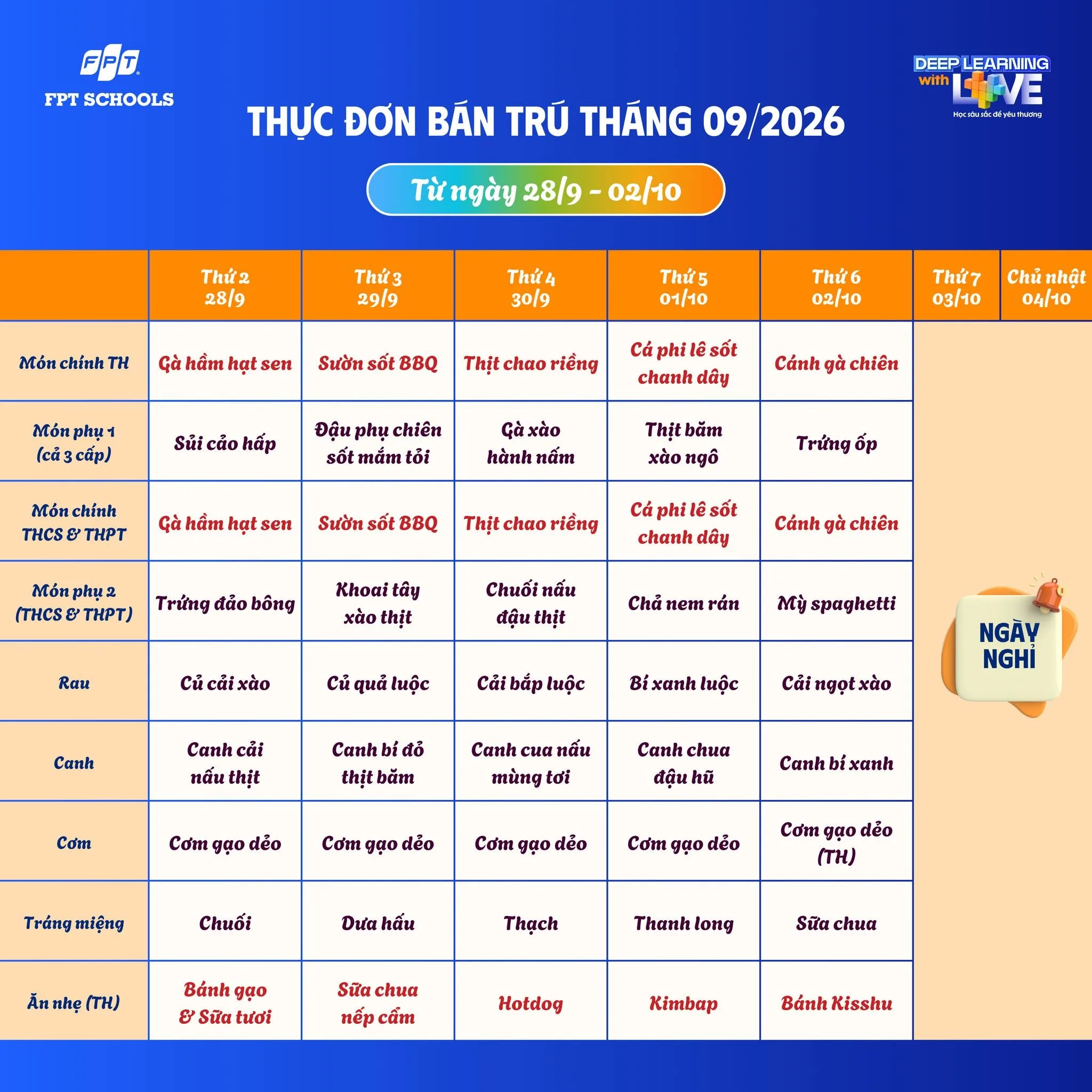 Thực đơn bán trú tháng 9/2026 tại FPT School Hà Nam | FPT Schools