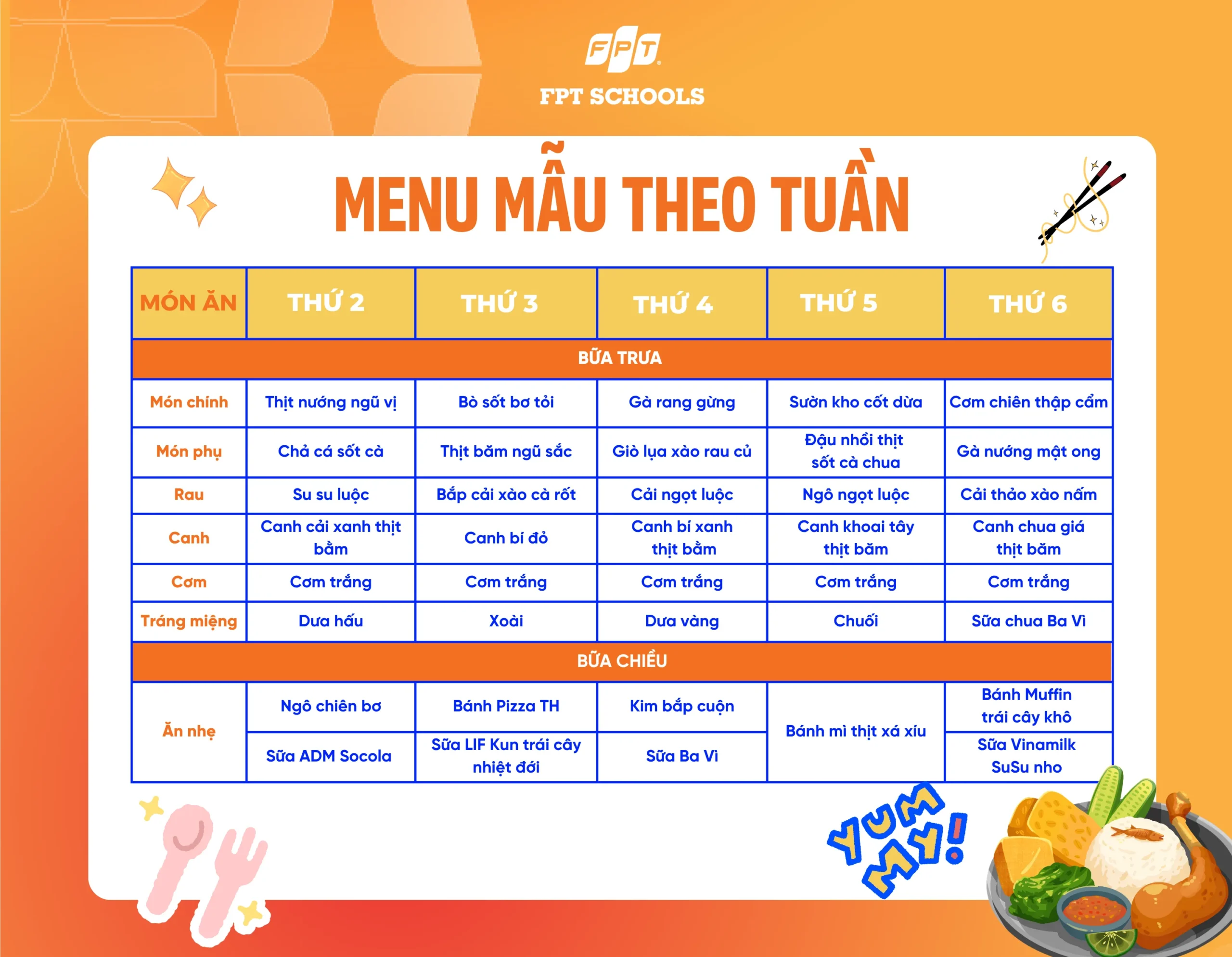 Thực đơn trong mô hình bán trú FPT School Hải Phòng