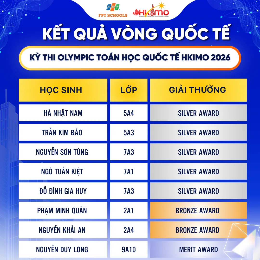 Học sinh FPT School Cầu Giấy đạt thành tích cao trong vòng Quốc tế kỳ thi Olympic Toán học HKIMO 2026
