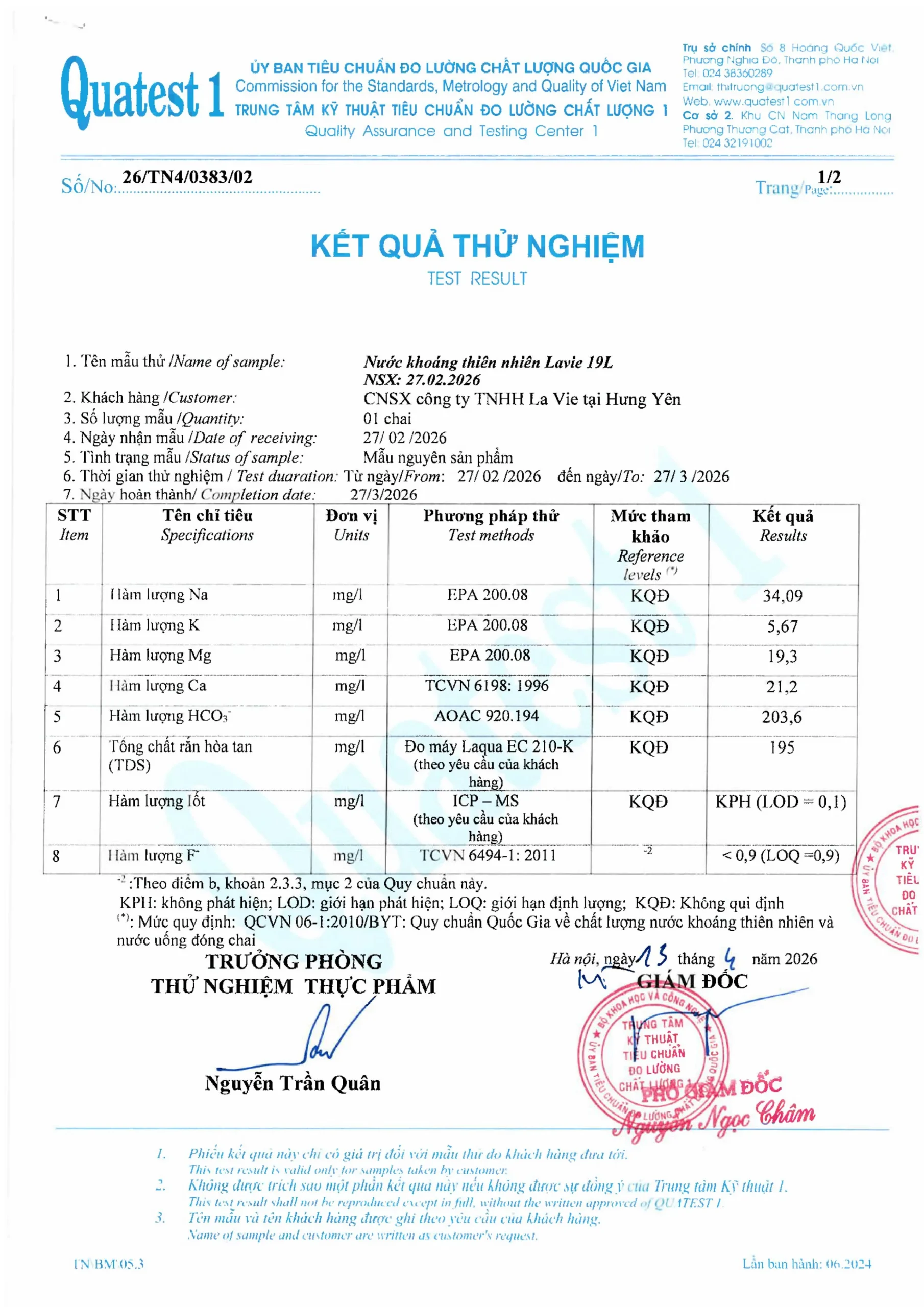 Xét nghiệm Lavie Thành Phẩm 19L