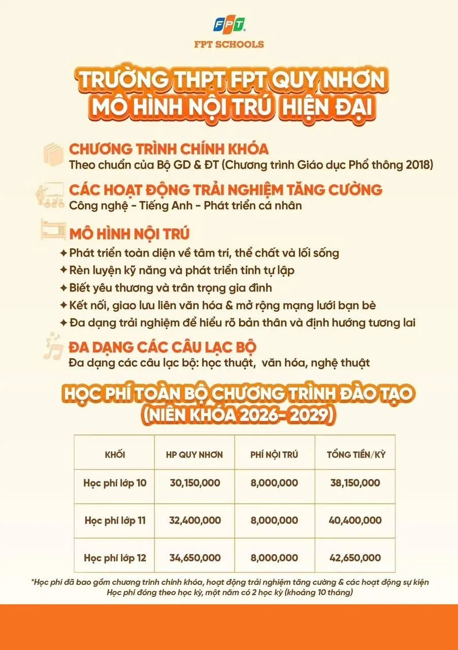 Học phí THPT FPT Quy Nhơn mô hình Nội trú niên khóa 2026-2029