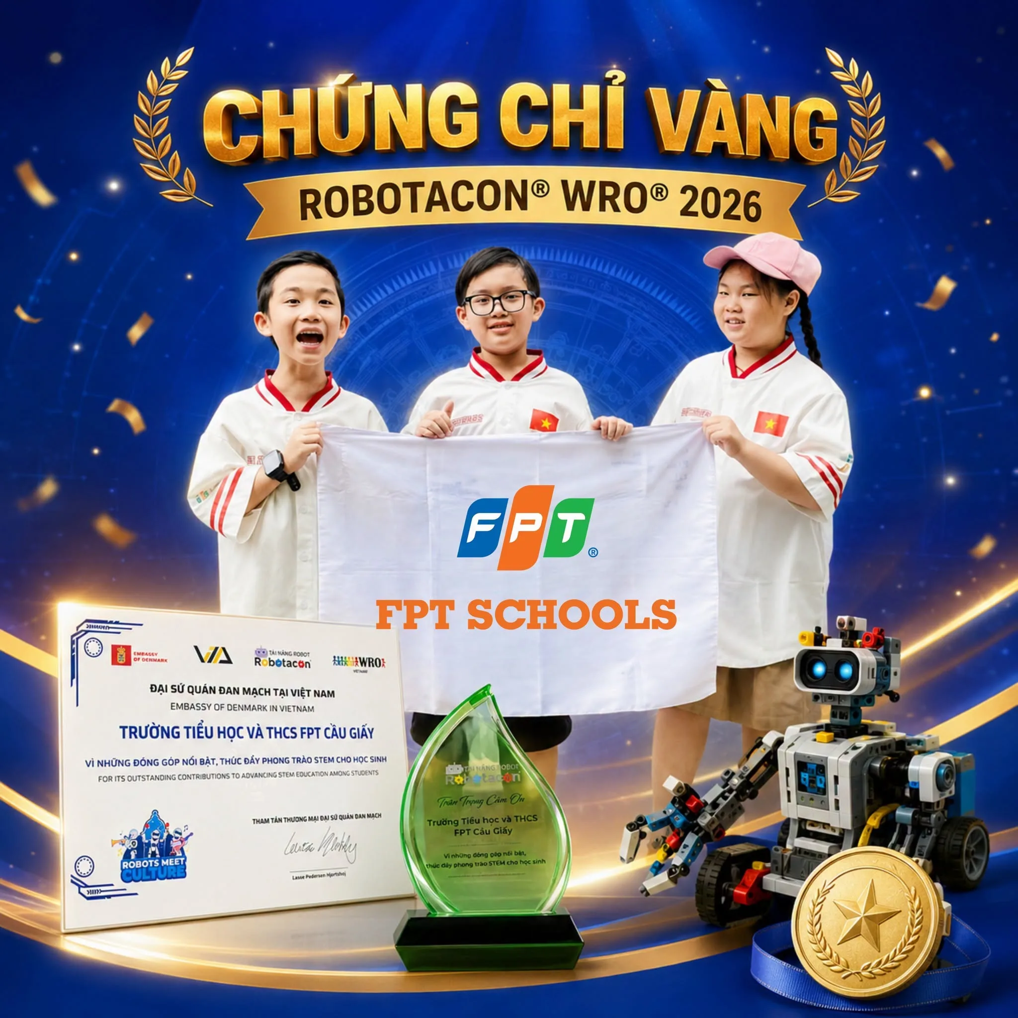 Từ những lần thử - sai đến chứng chỉ Vàng ROBOTACON® WRO® 2026 của 3 FPTers Cầu Giấy  | FPT Schools