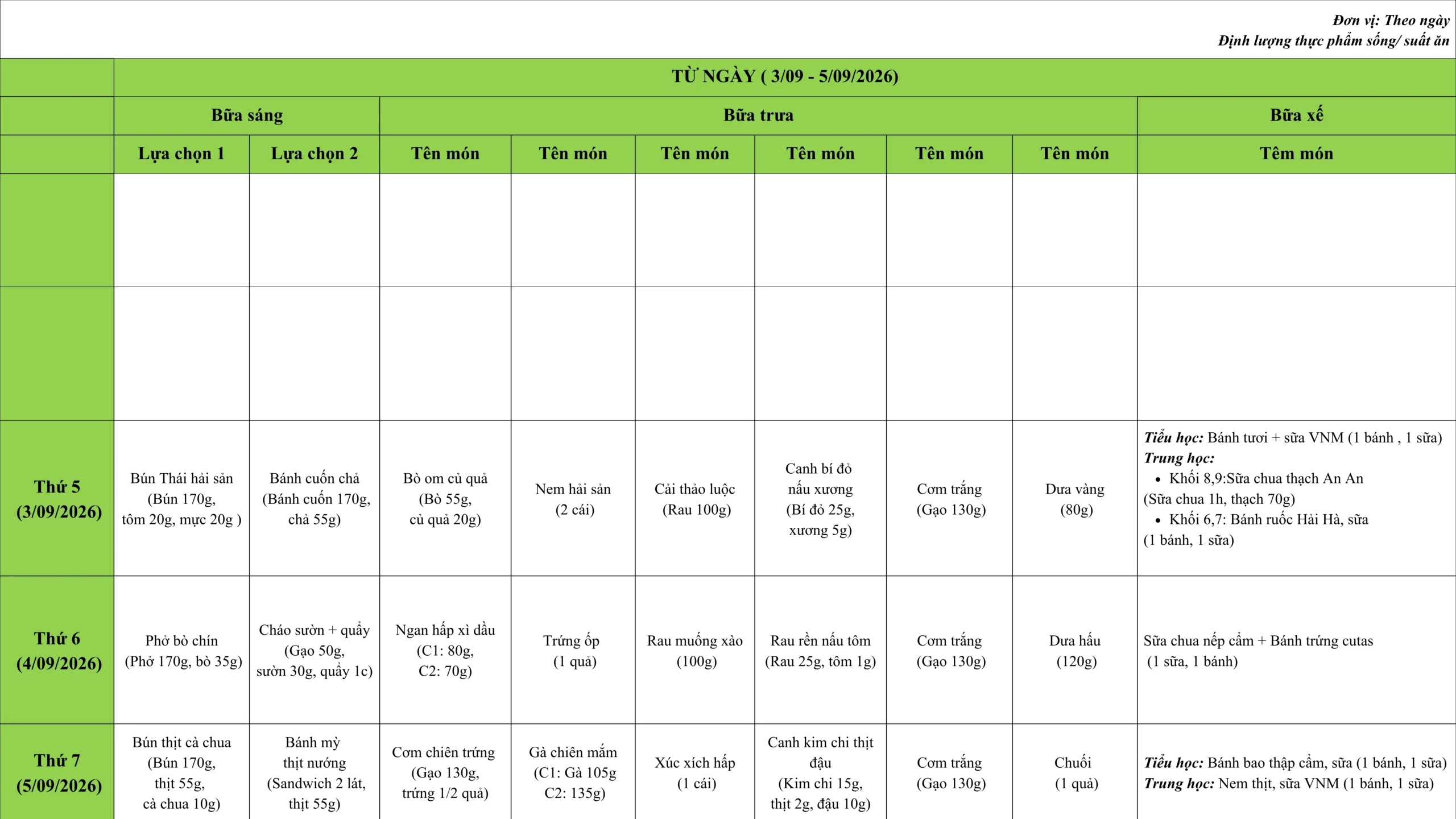 Thực đơn tháng 9 - FPT School Cầu Giấy | FPT Schools