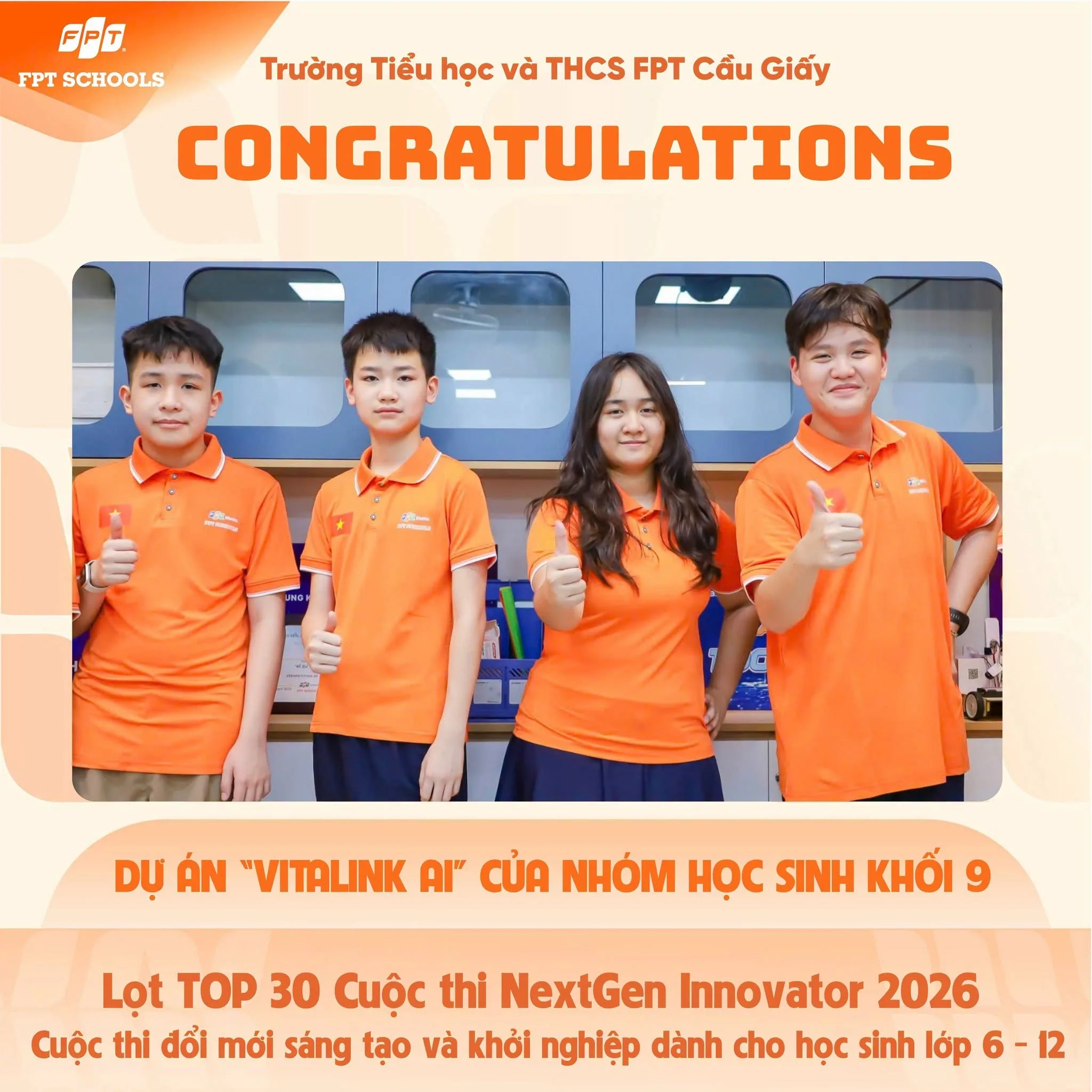 Dự án "Vitalink AI" của nhóm học sinh khối 9 FPT School Cầu Giấy lọt top 30 cuộc thi NextGen Innovator 2026
