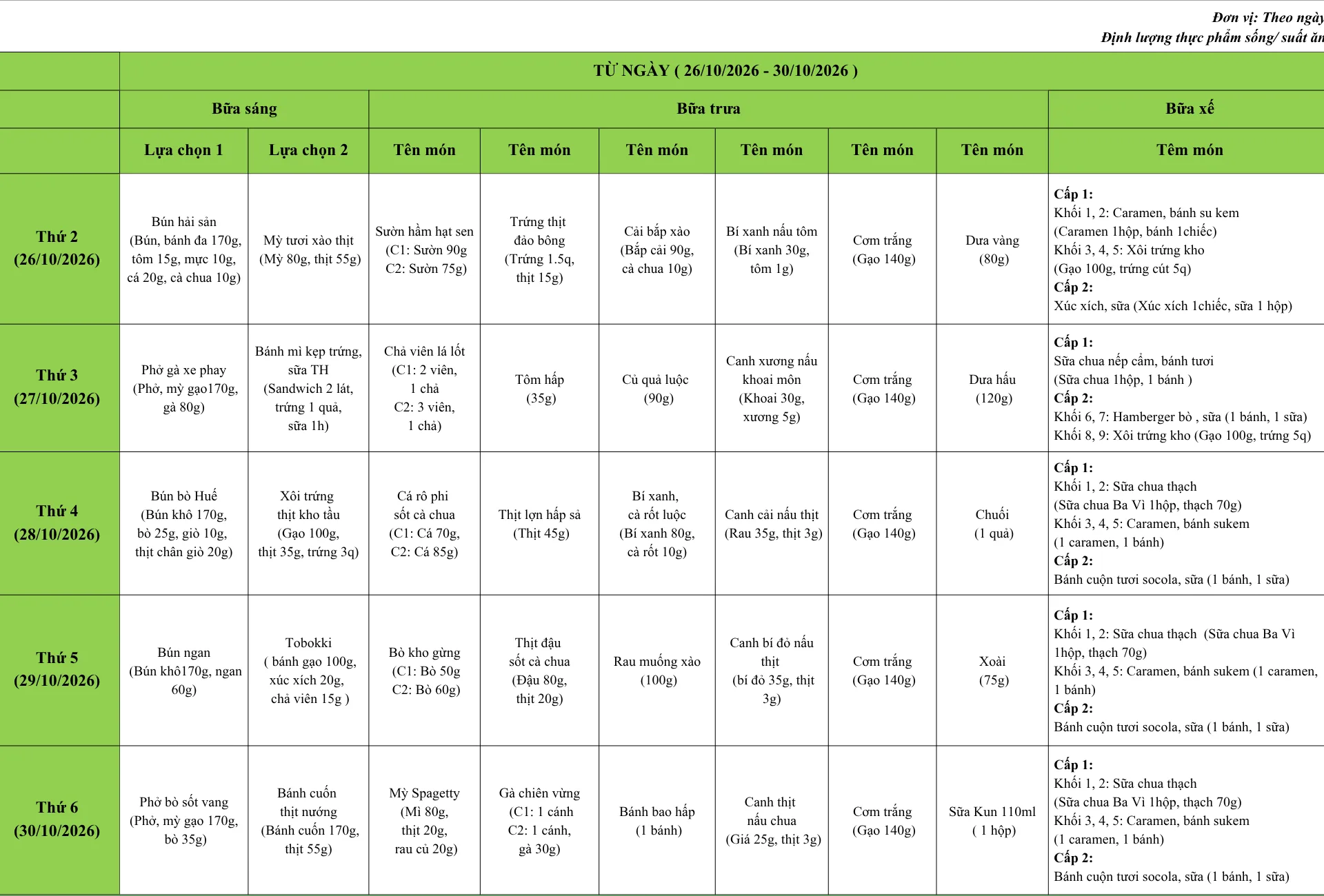 Thực đơn tháng 10 – FPT School Cầu Giấy | FPT Schools