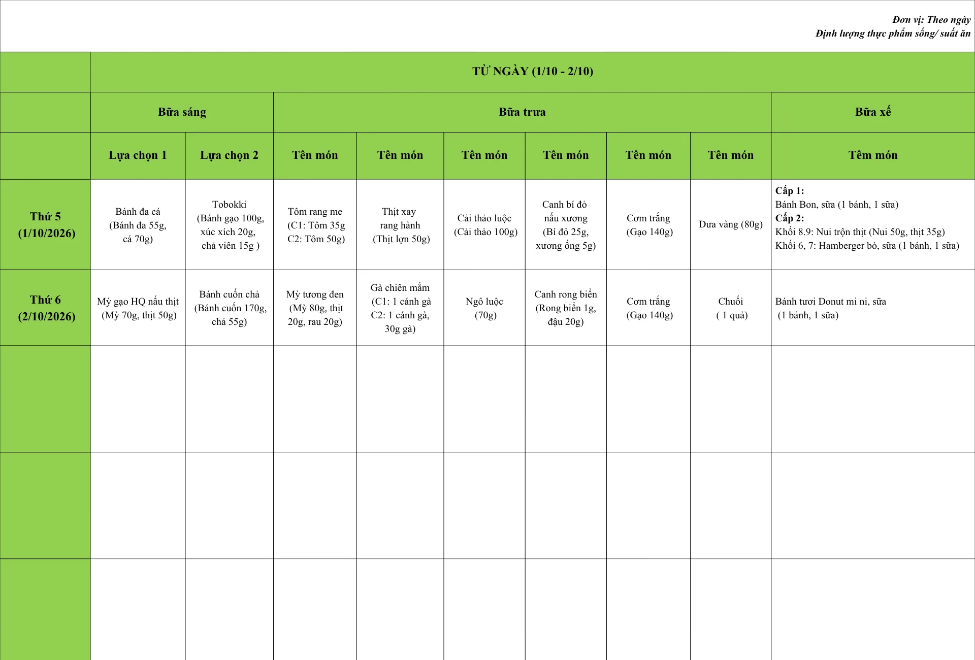 Thực đơn tháng 10 – FPT School Cầu Giấy | FPT Schools