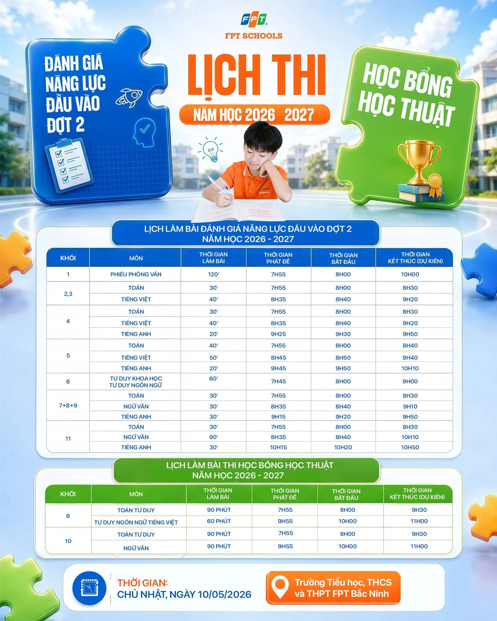 Lịch làm bài Đánh giá năng lực và Thi Học bổng Học thuật FPT School Bắc Ninh | FPT Schools