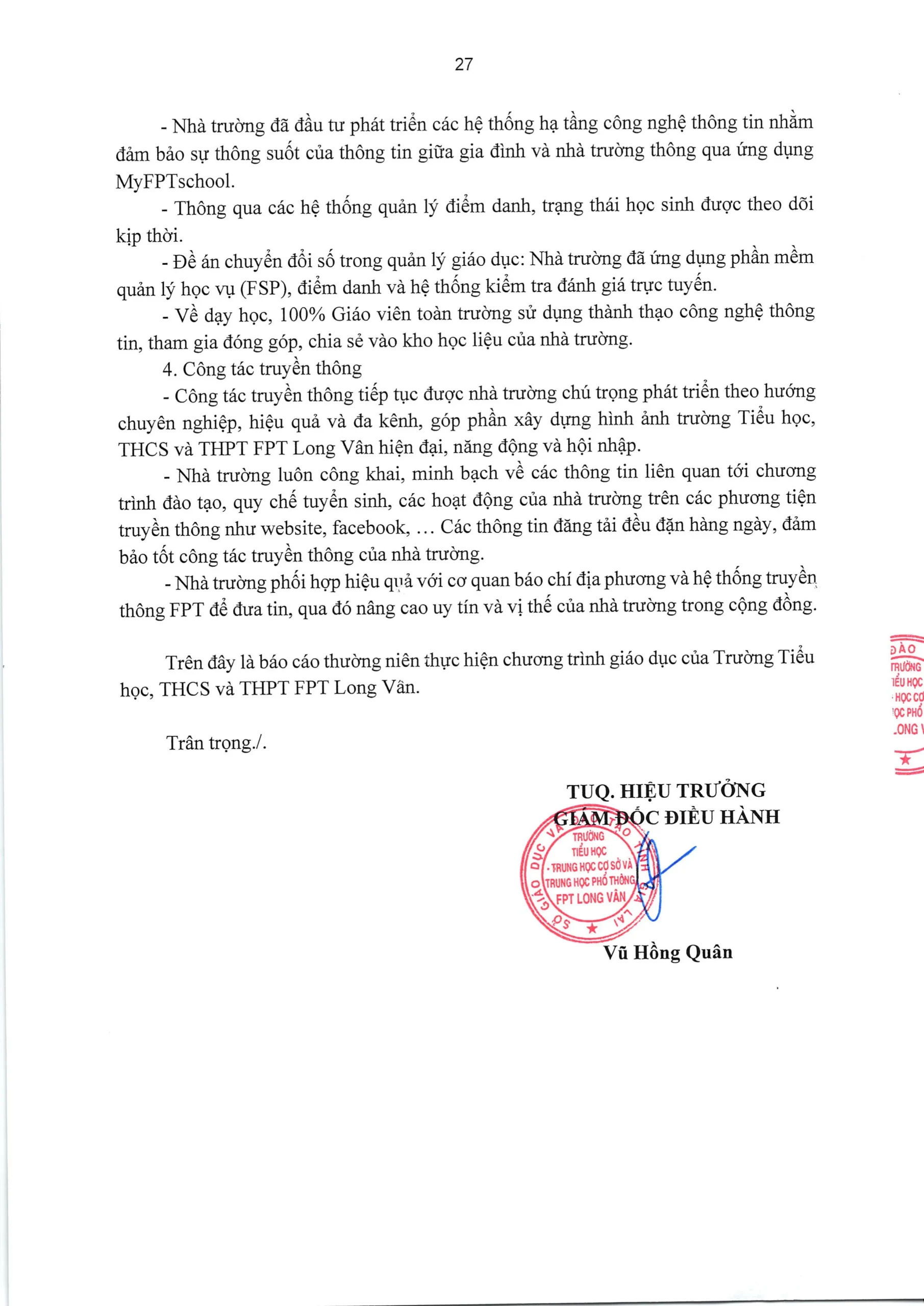 TRƯỜNG TIỂU HỌC, THCS VÀ THPT FPT LONG VÂN CÔNG BỐ BÁO CÁO THƯỜNG NIÊN NĂM HỌC 2025 - 2026 | FPT Schools