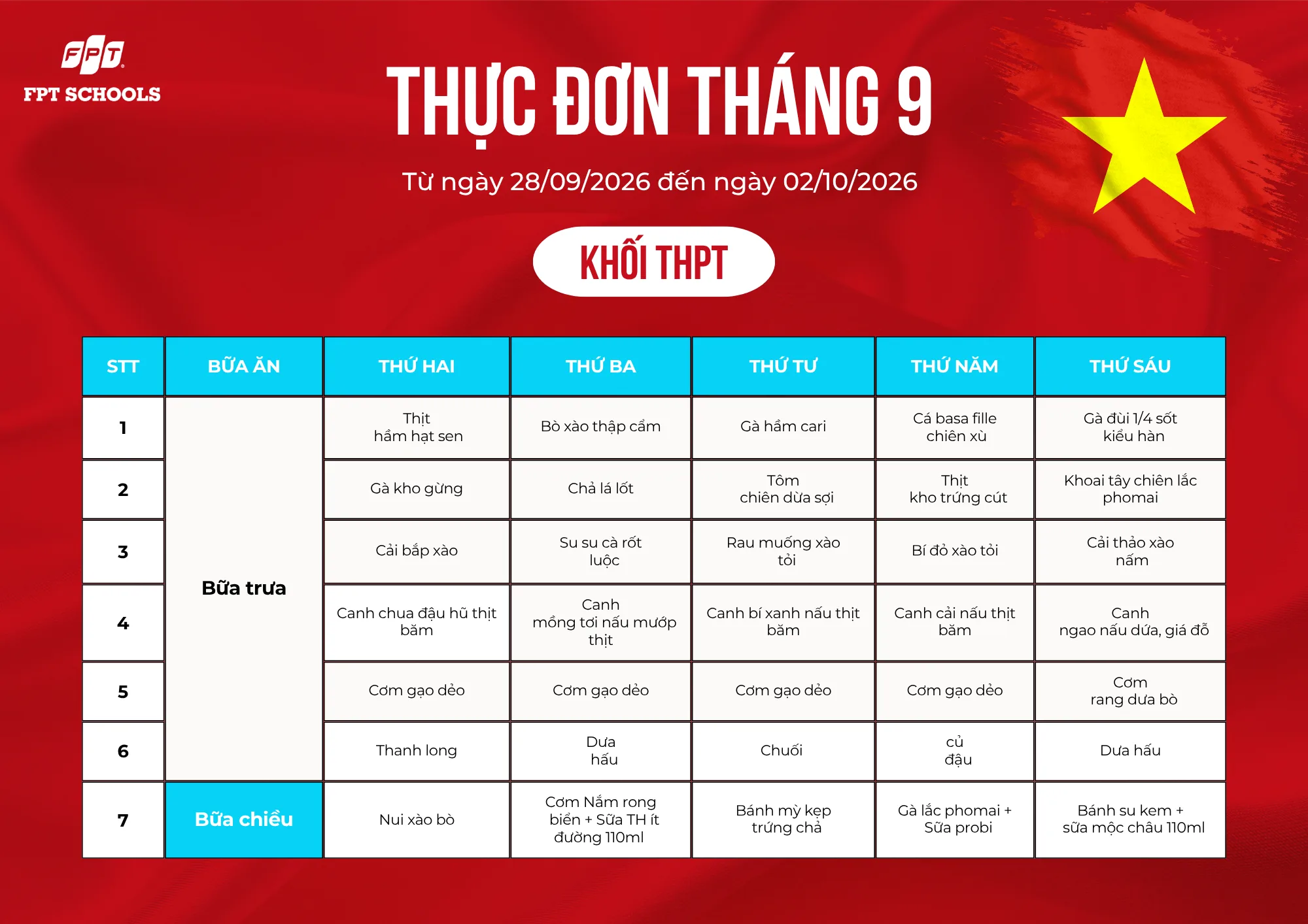 THỰC ĐƠN DINH DƯỠNG THÁNG 9 NĂM 2026 – FPT SCHOOL BẮC GIANG. - FPT Education THỰC ĐƠN DINH DƯỠNG THÁNG 9 NĂM 2026 – FPT SCHOOL BẮC GIANG. | FPT Schools